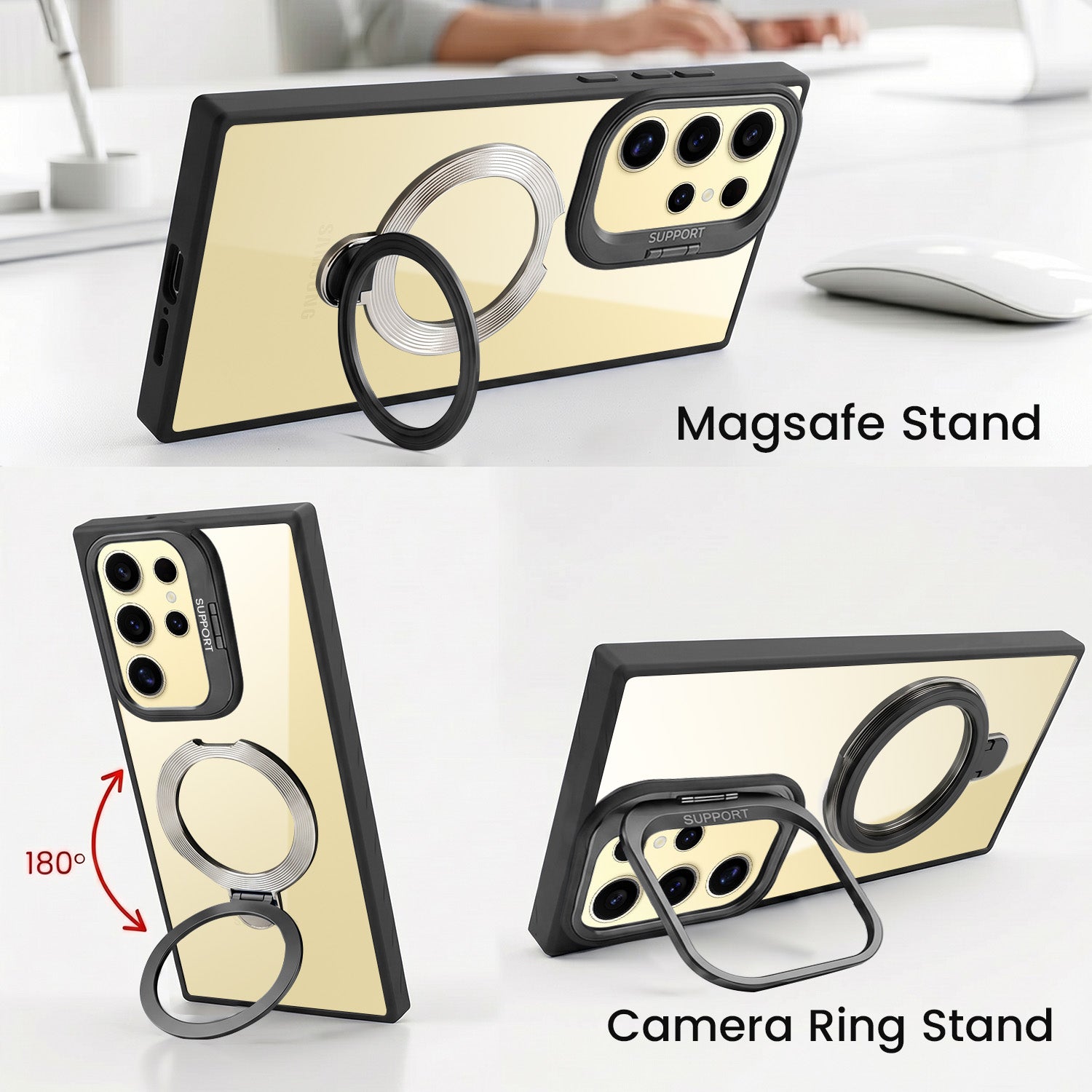 For Samsung Galaxy S24 Ultra Back Cover Case Crystal (Lifetime Anti Yellow | Magnetic Ring Stand | Camera Lens Protection | MagSafe Compatible)