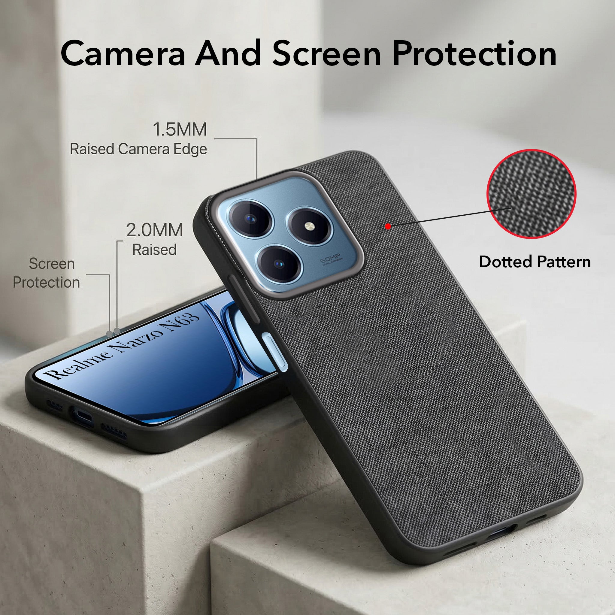 For Realme Narzo N63 Combo with Back Cover and 9H Tempered Glass (Textured Grip Design | Micro-Fiber Cloth Inside | Oleophobic Coating Screen Glass)