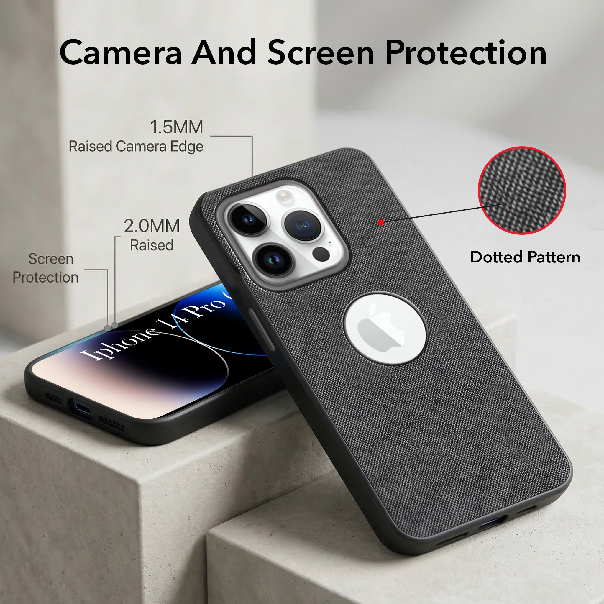 For Apple iPhone 14 Pro Combo with Back Cover and 9H Tempered Glass (Textured Grip Design | Micro-Fiber Cloth Inside | Oleophobic Coating Screen Glass)
