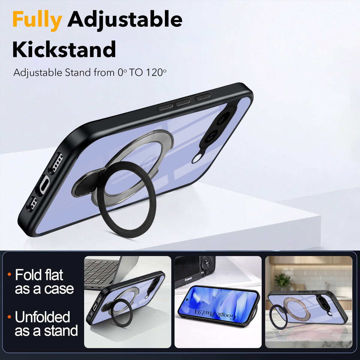 For Google Pixel 9A Back Cover Case (Kick Stand Ring Holder | Life time Anti Yellow | Camera Protection)