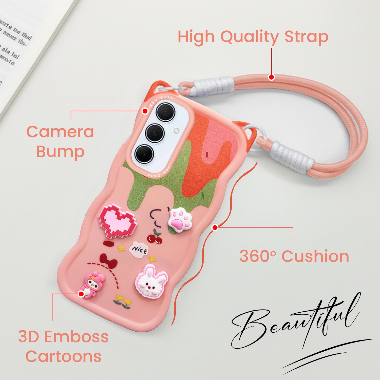For Samsung Galaxy A35 5G Back Case Cover Strap (3D embossed Figures | Strap Holder | 360* Soft Cushion with Camera Bump)