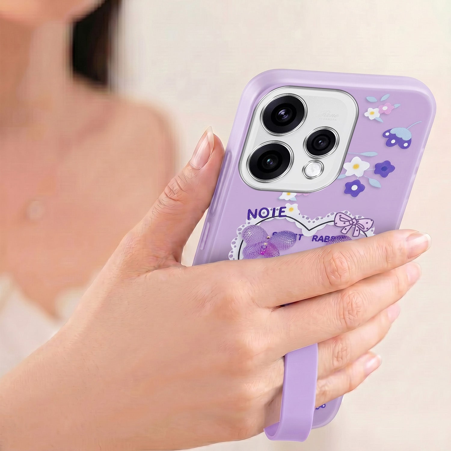 For Oppo Reno15 5G Back Cover Case (3D Cute Heart Strap Holder | Camera Protection | Designer Girls Print)