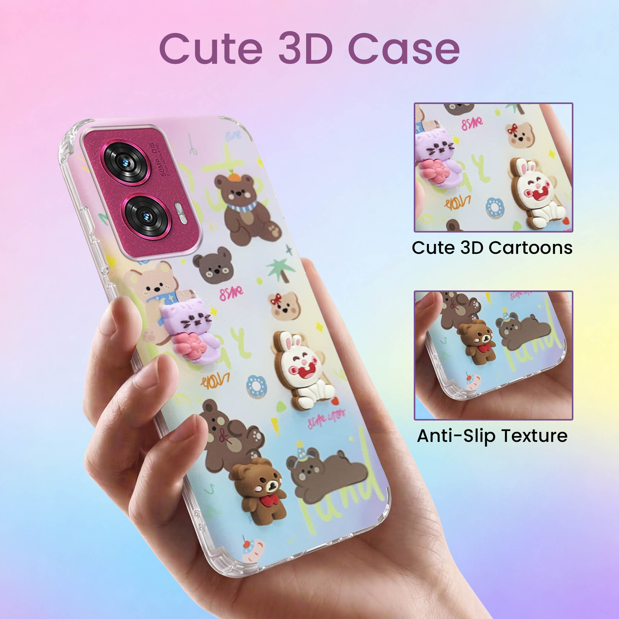 For Motorola Moto Edge 50 Fusion Back Cover Case (3D Cute Cartoons | Hard Back Side Soft | Matte Premium Finish | HD Printing)