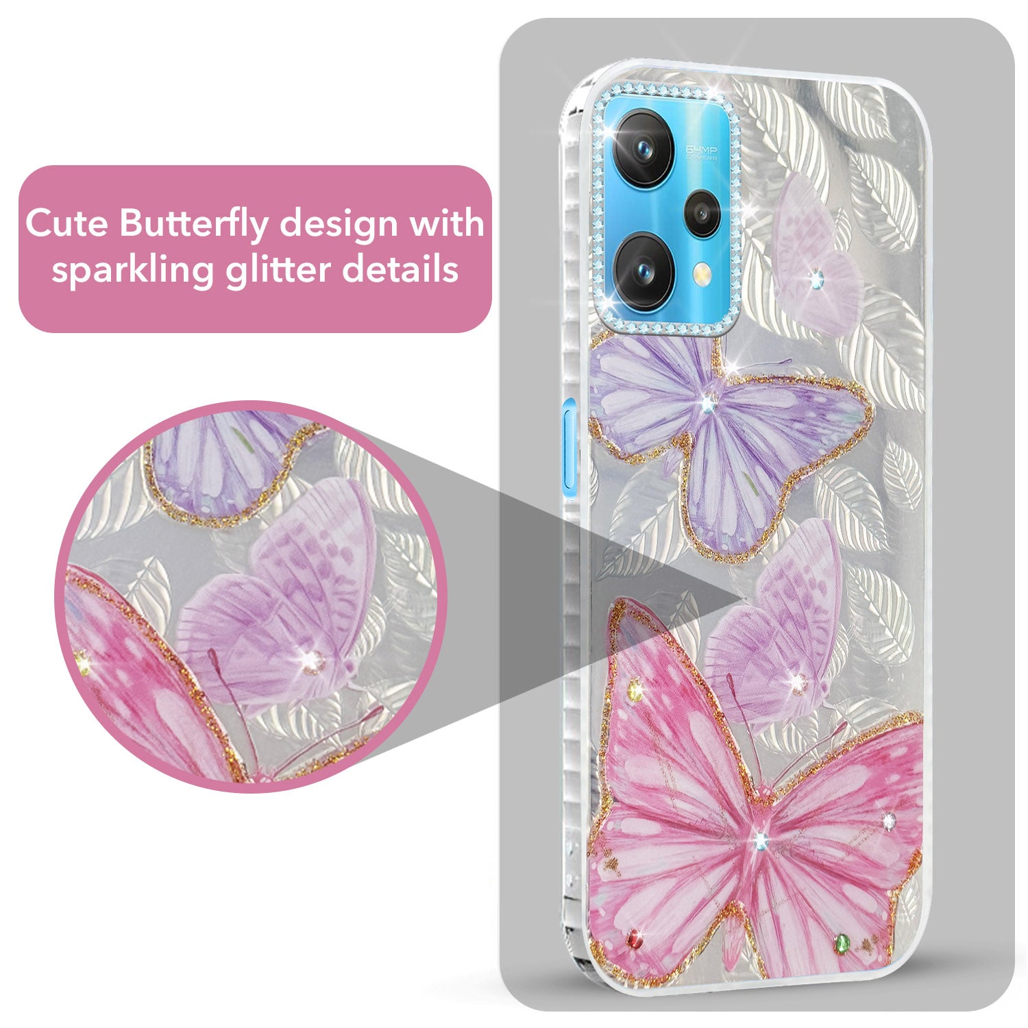 For Realme 9 Pro Back Cover Case (Luxury Floral Glitter Cute Butterfly | Diamond Studded Camera Bump | Girls & Women Design)