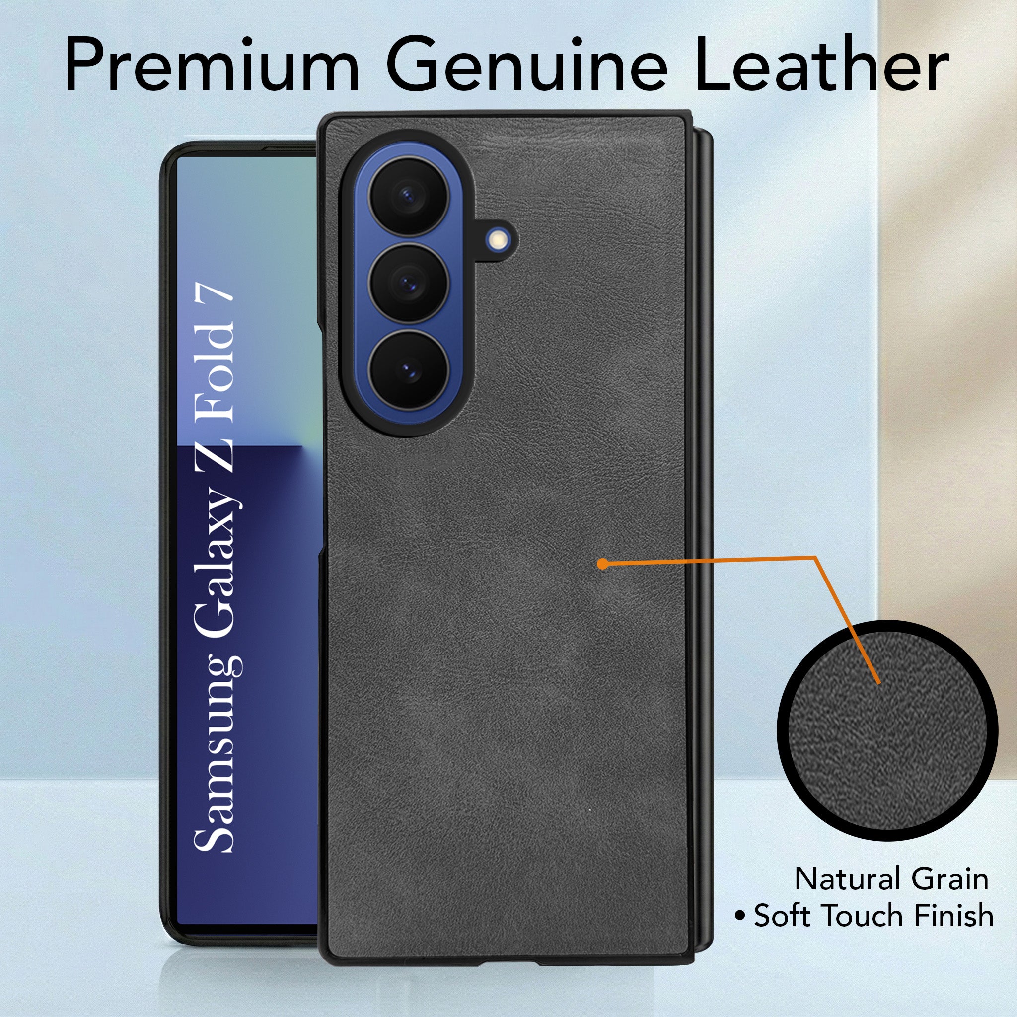 For Samsung Galaxy Z Fold 7 Back Case Cover Premium Genuine Leather (Integrated Front Screen Protector | Inside Microfiber Cloth)