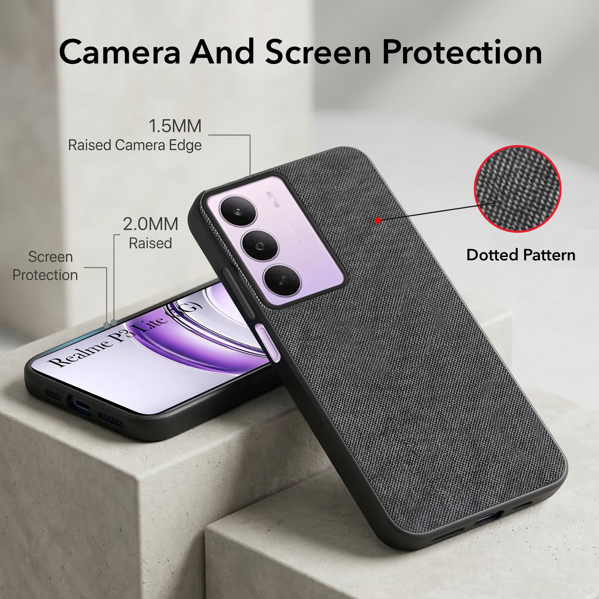 For Realme P3 Lite Combo with Back Cover and 9H Tempered Glass (Textured Grip Design | Micro-Fiber Cloth Inside | Oleophobic Coating Screen Glass)