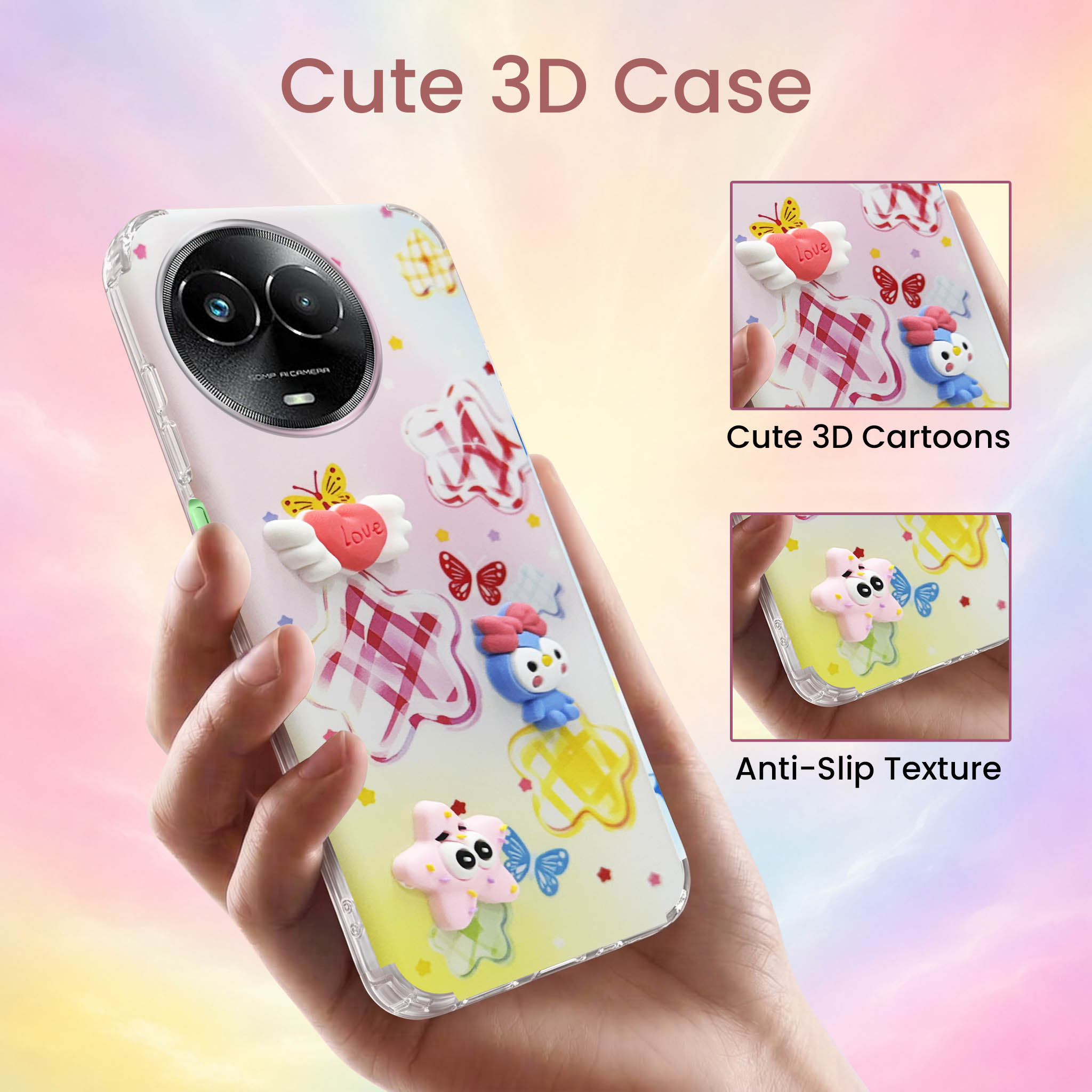For Realme Narzo 60x Back Cover Case (3D Cute Cartoons | Hard Back Side Soft | Matte Premium Finish | HD Printing)