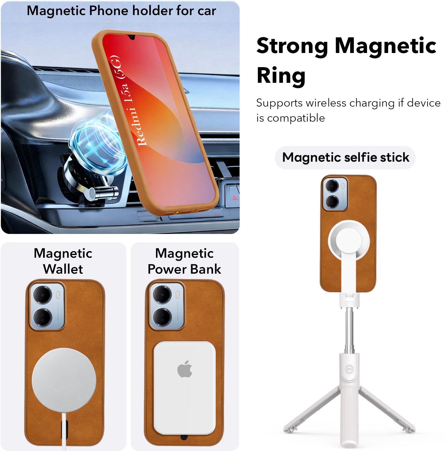 For Redmi 15A 5G Back Cover Case Leather Finish (MagSafe Compatible Wireless Charging | Soft Touch | Camera Bump Protection)