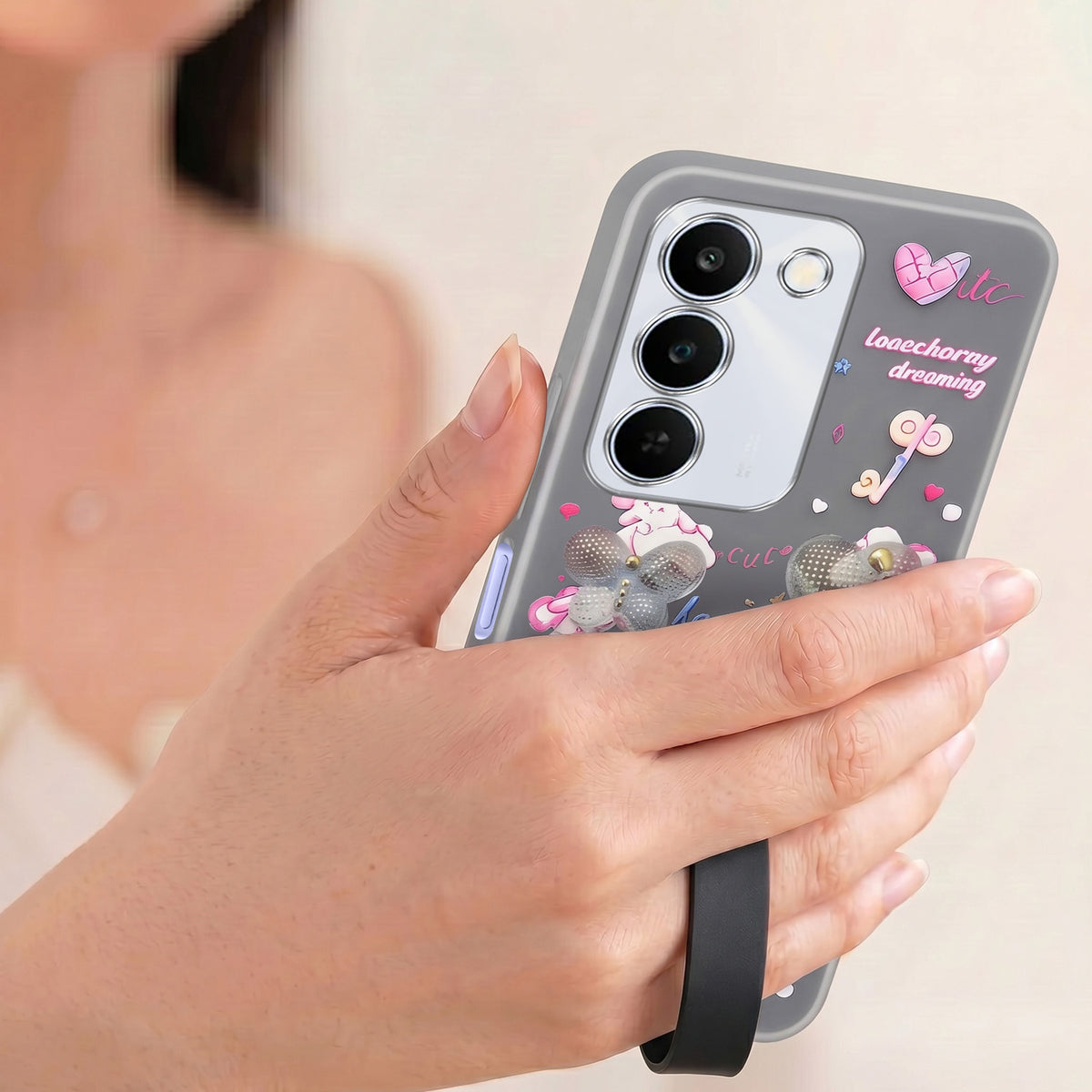 For Realme P4 Lite 5G | Narzo 100 Lite 5G Back Cover Case (3D Cute Heart Strap Holder | Camera Protection | Designer Girls Print)