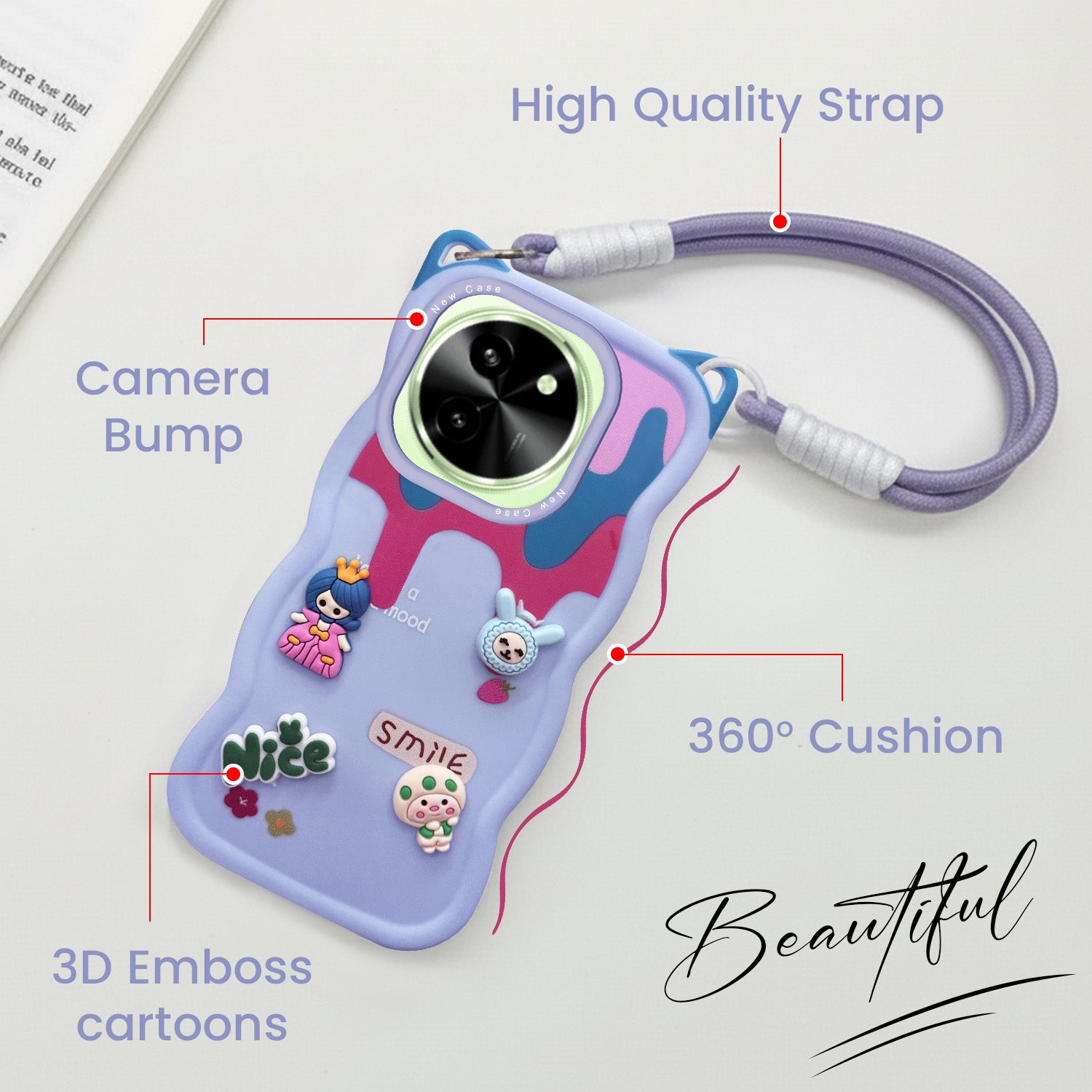 For Vivo T3X 5G Back Case Cover Strap (3D Embossed Figures | Strap Holder | 360* Soft Cushion with Camera Bump)