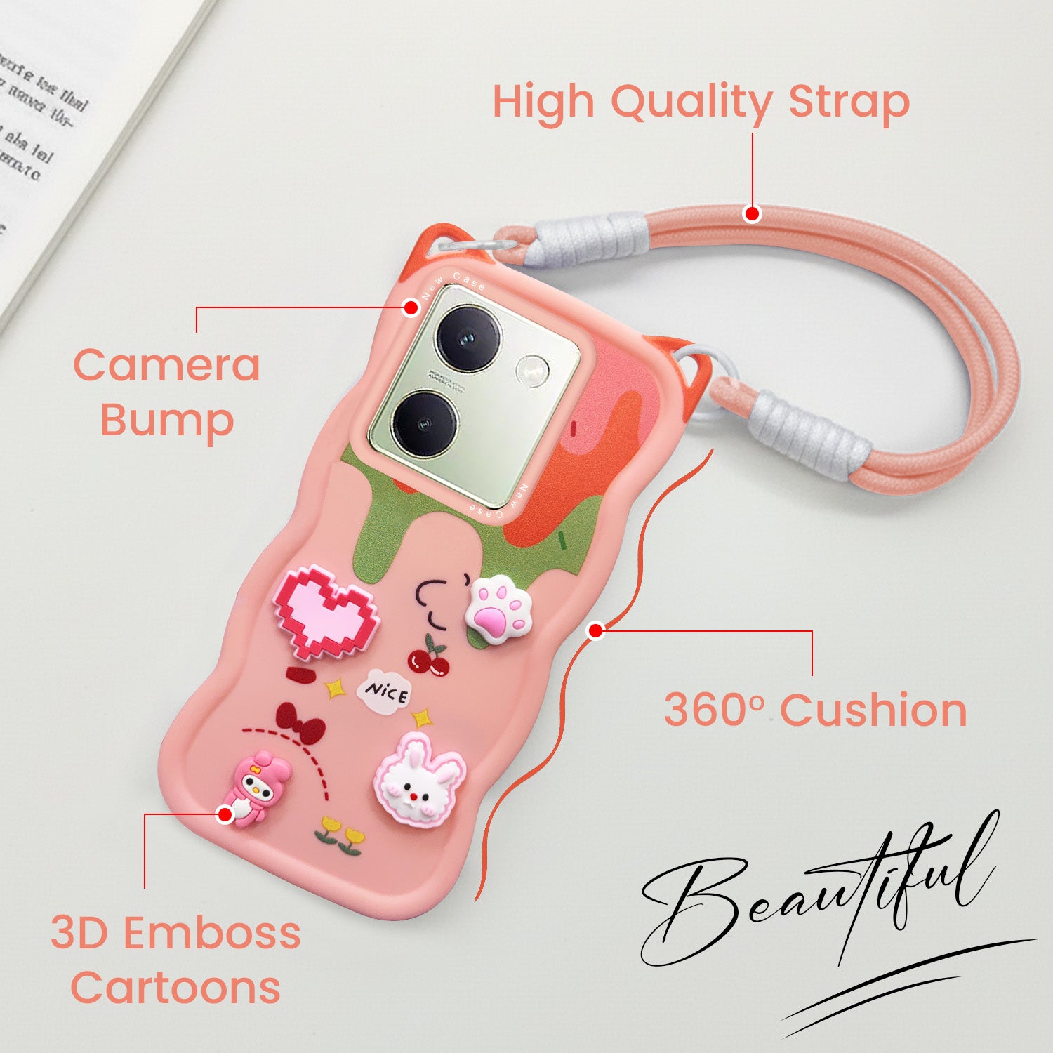For Vivo Y200 Pro 5G Back Case Cover Strap(3D embossed Figures | Strap Holder | 360* Soft Cushion with Camera Bump)