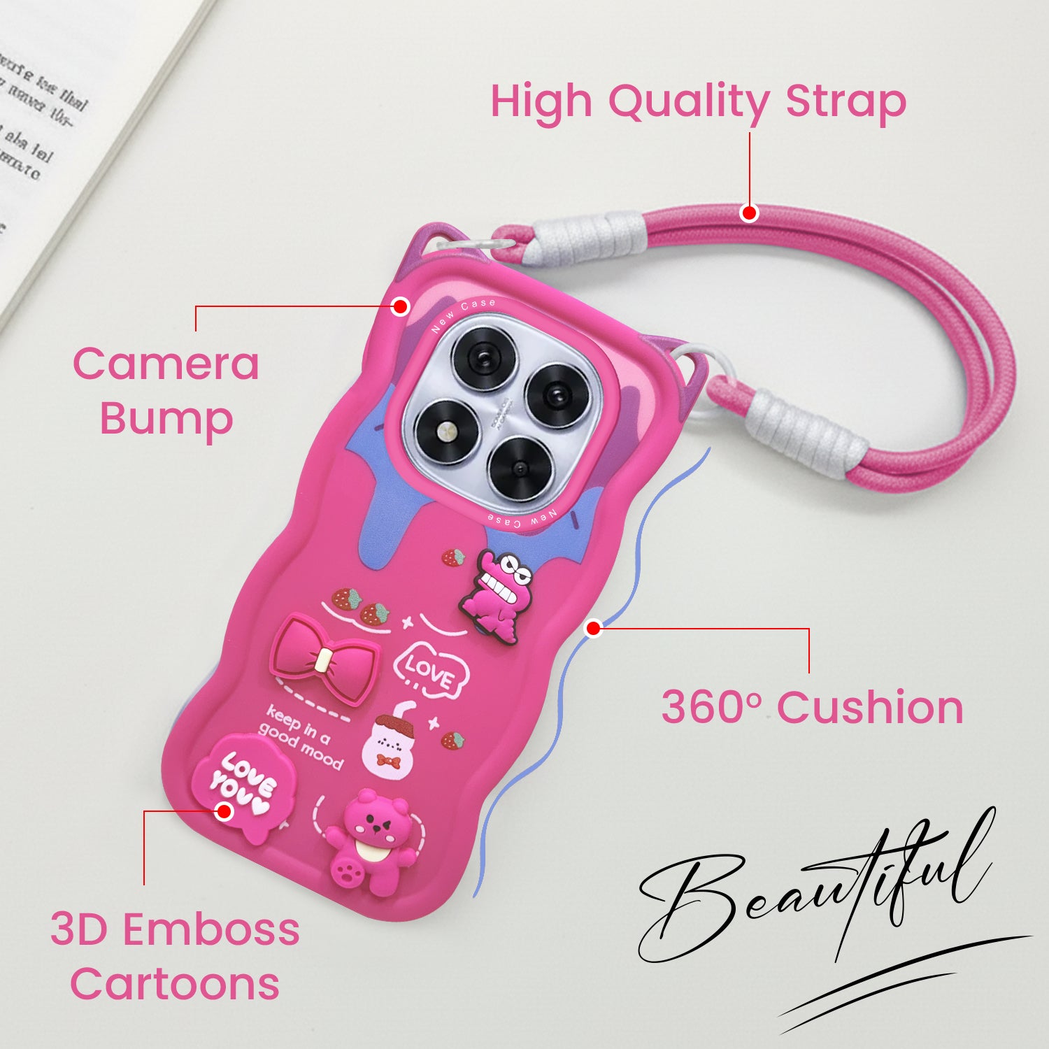 For Redmi Note 14 Pro Back Case Cover Strap (3D embossed Figures | Strap Holder | 360* Soft Cushion with Camera Bump)