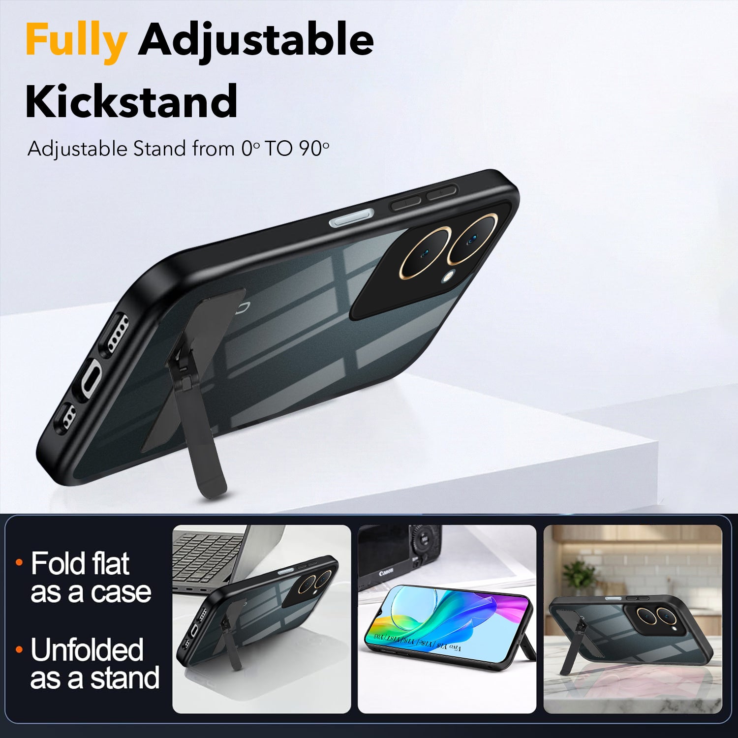 For Vivo Y18 | Y18e | Y03 | Y18i | Y18t Back Cover Case (Built-in Stand | Lifetime Anti Yellow | Kickstand Shockproof | Camera Protection | MagSafe Compatible)