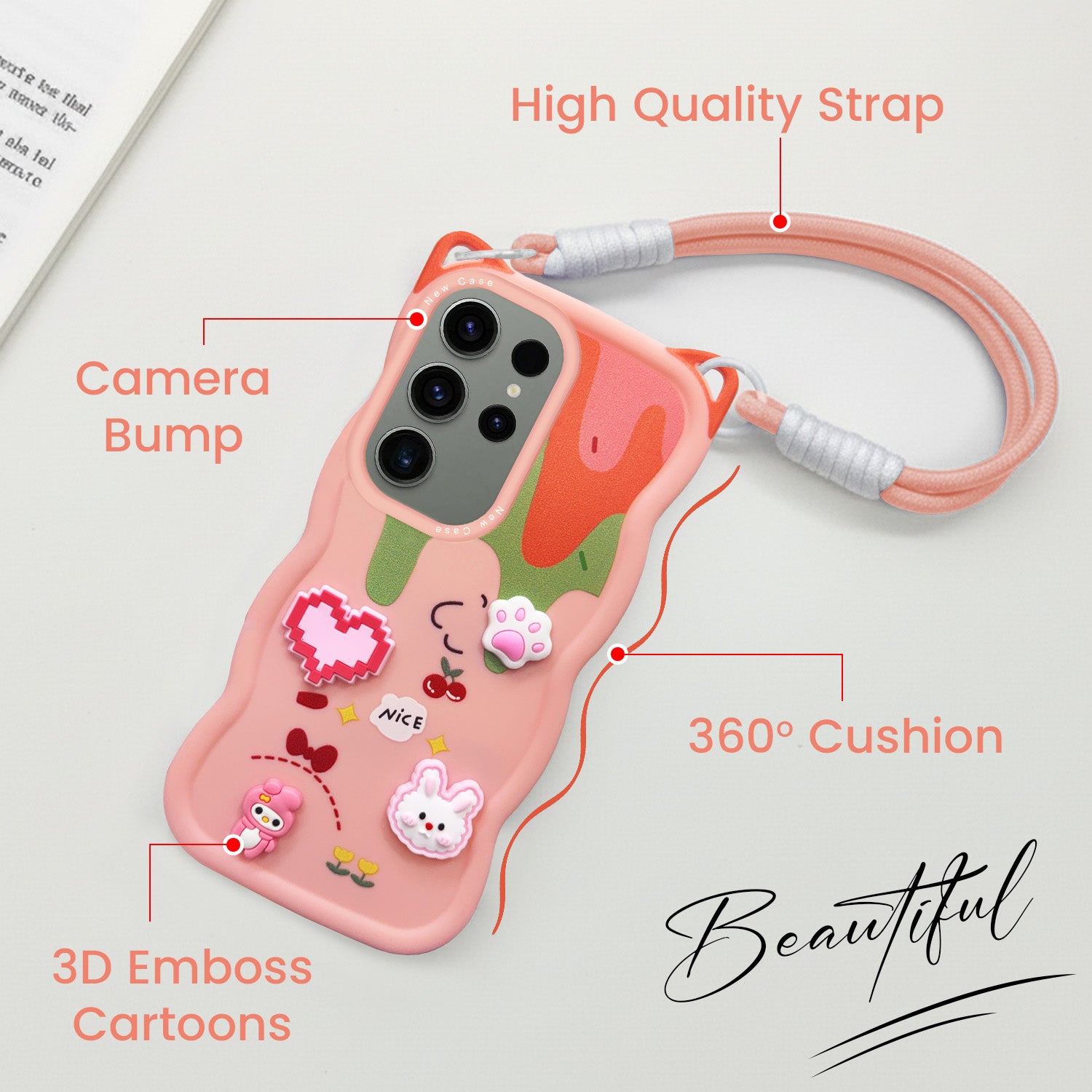 For Samsung Galaxy S23 Ultra Back Case Cover Strap (3D embossed Figures | Strap Holder | 360* Soft Cushion with Camera Bump)