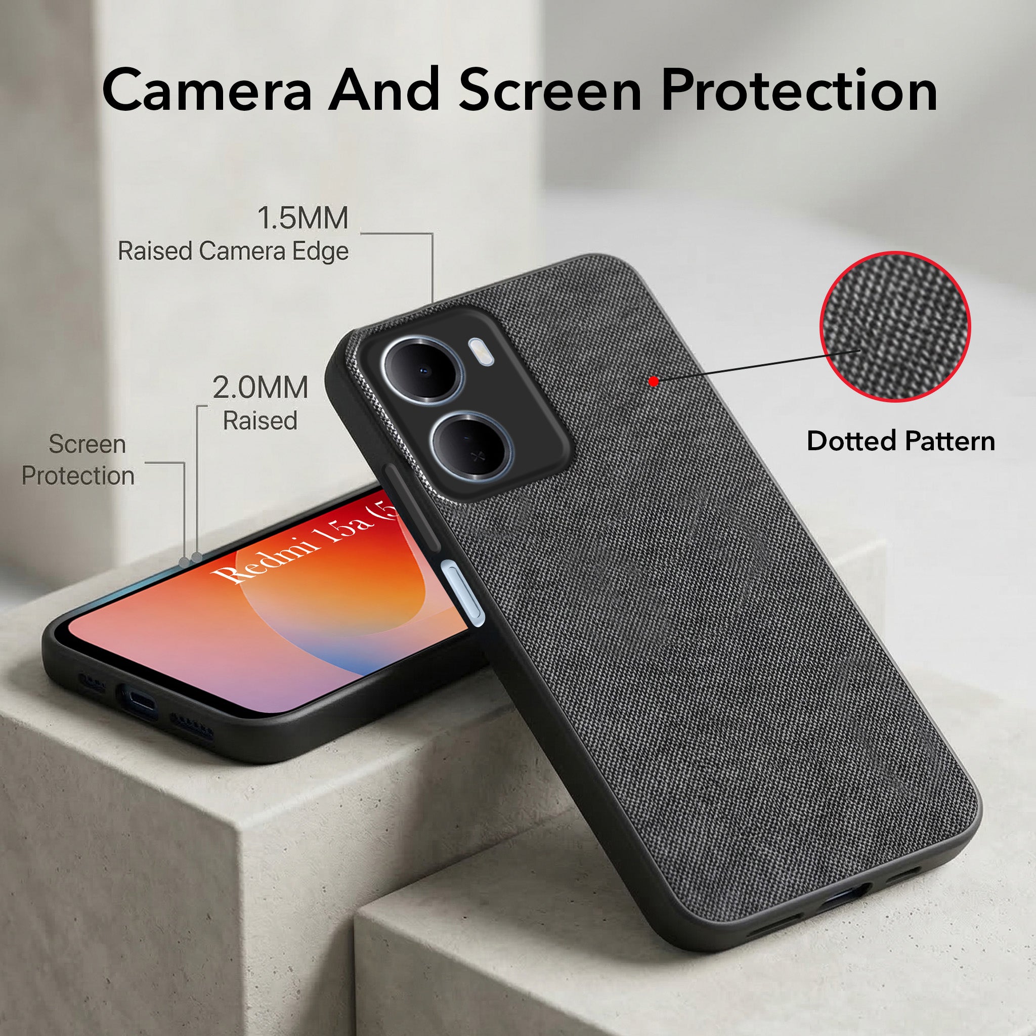 For Redmi 15A 5G Combo (Textured Grip Design | Micro-Fiber Cloth Inside | Oleophobic Coating Screen Glass)