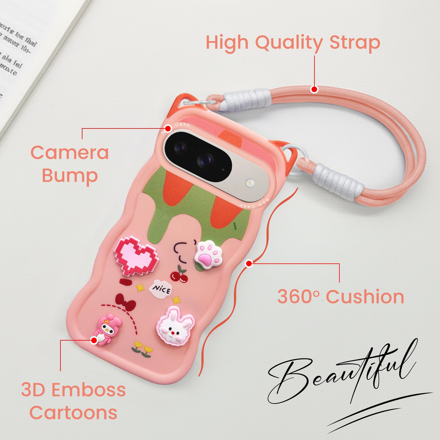 For Google Pixel 9 Back Case Cover Strap (3D Embossed Figures | Strap Holder | 360* Soft Cushion with Camera Bump)