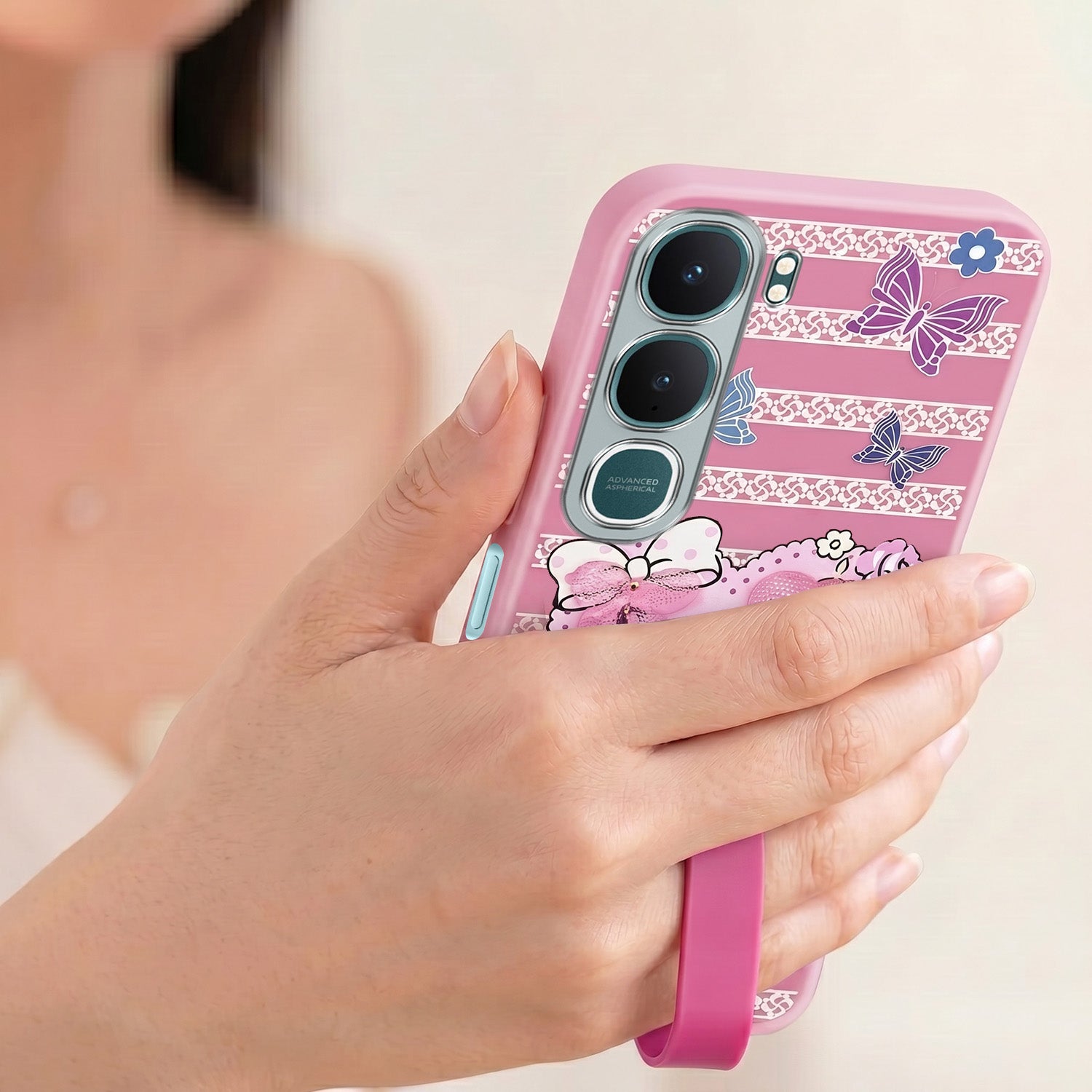 For Vivo Y31 5G Back Cover Case (3D Cute Heart Strap Holder | Camera Protection | Designer Girls Print)