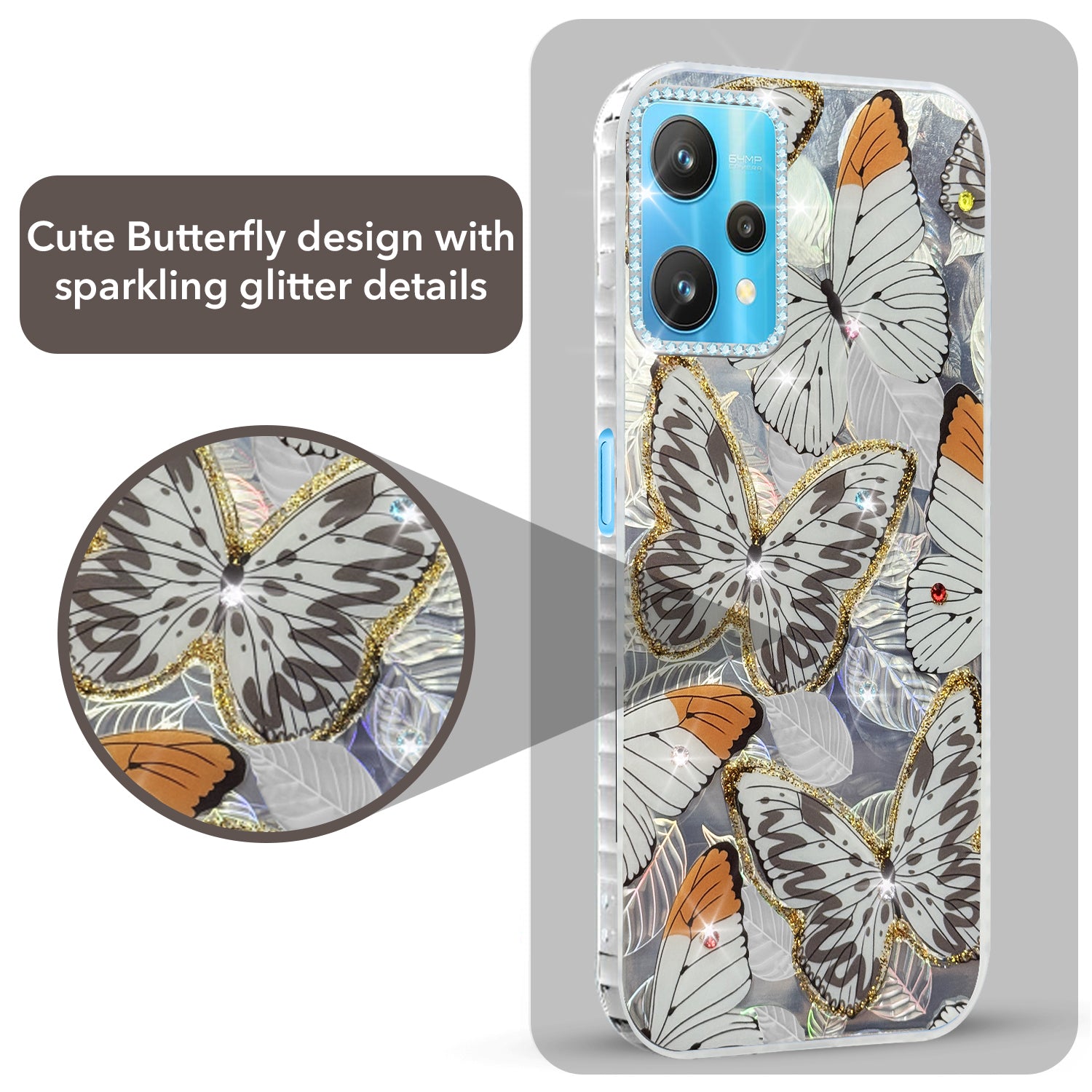 For Realme 9 Pro Back Cover Case (Luxury Floral Glitter Cute Butterfly | Diamond Studded Camera Bump | Girls & Women Design)