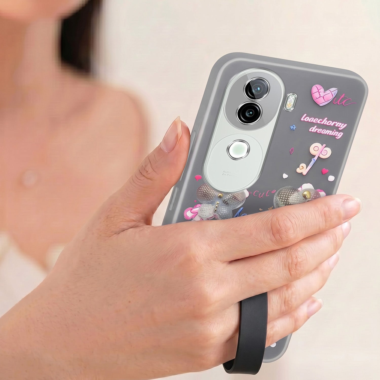 For Vivo iQOO Z9s Back Cover Case (3D Cute Heart Strap Holder | Camera Protection | Designer Girls Print)