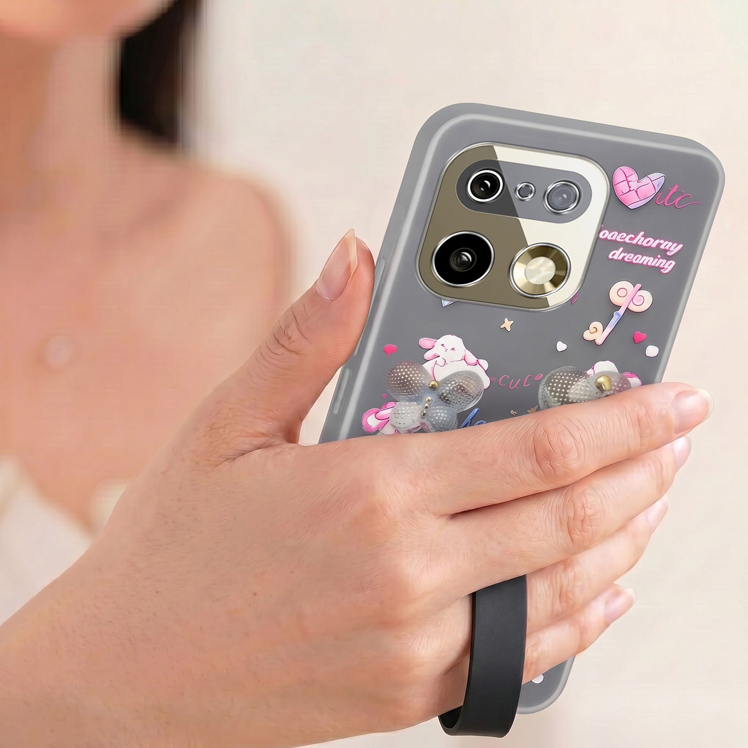 For Realme 16 Pro Plus 5G Back Cover Case (3D Cute Heart Strap Holder | Camera Protection | Designer Girls Print)