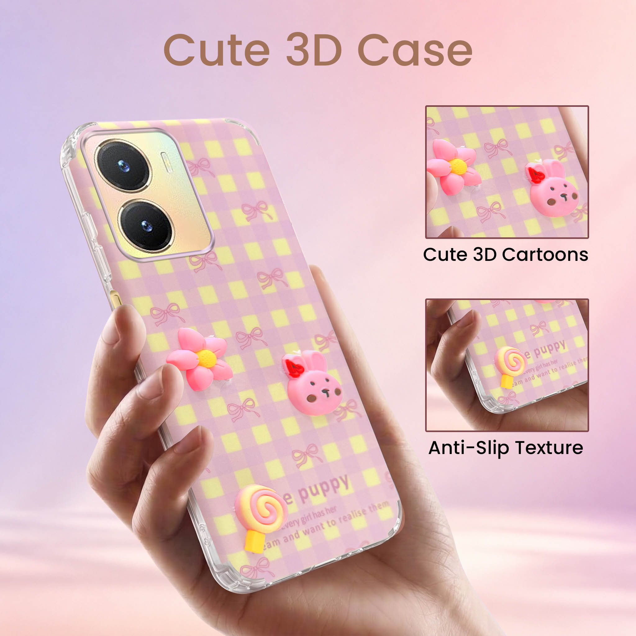For Vivo T2x Back Cover Case (3D Cute Cartoons | Hard Back Side Soft | Matte Premium Finish | HD Printing)