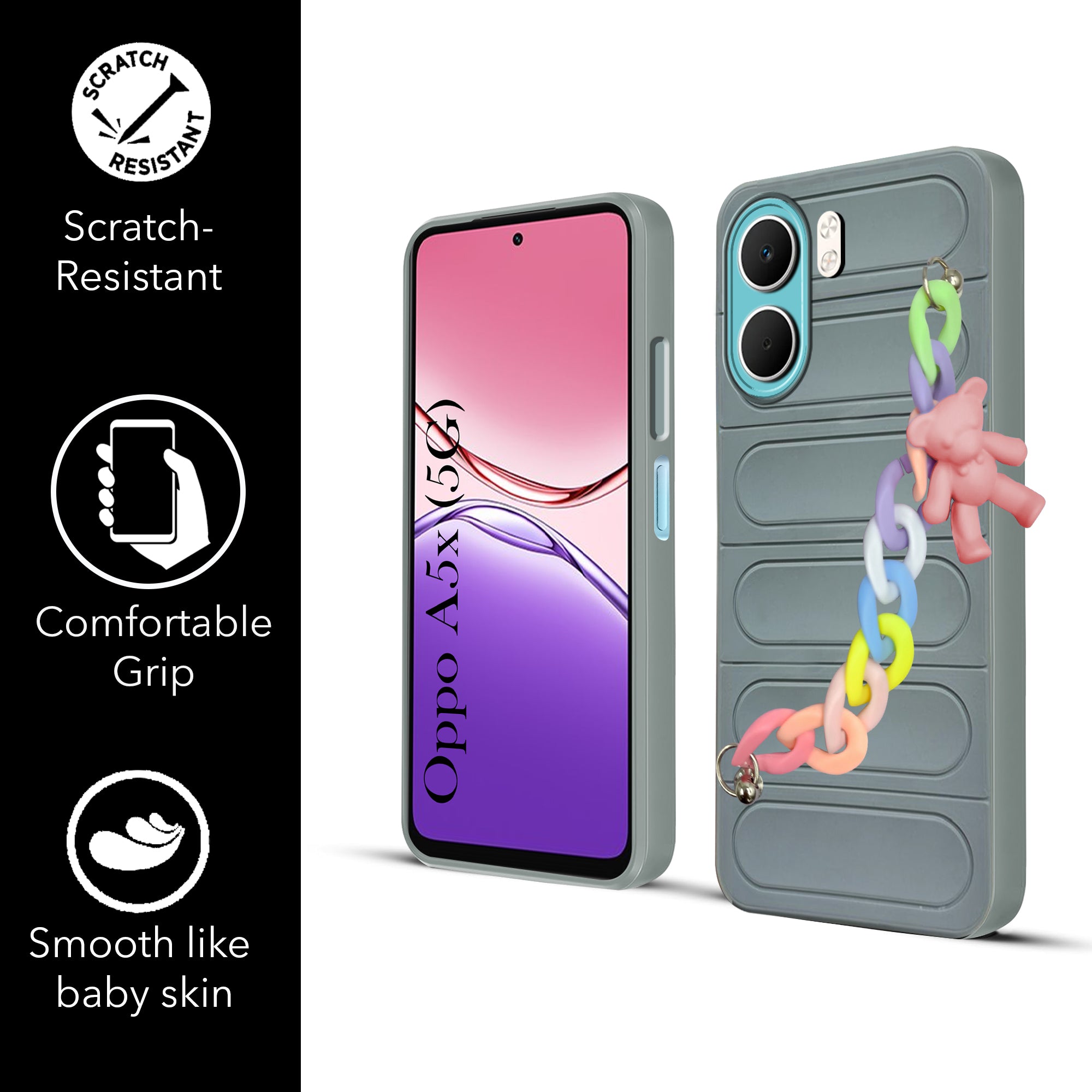 For Oppo A5X Back Cover Case (Wrist Hanging Chain | Teddy Bracelet Charms | Matte Liquid Silicone | Camera Protection Ring)