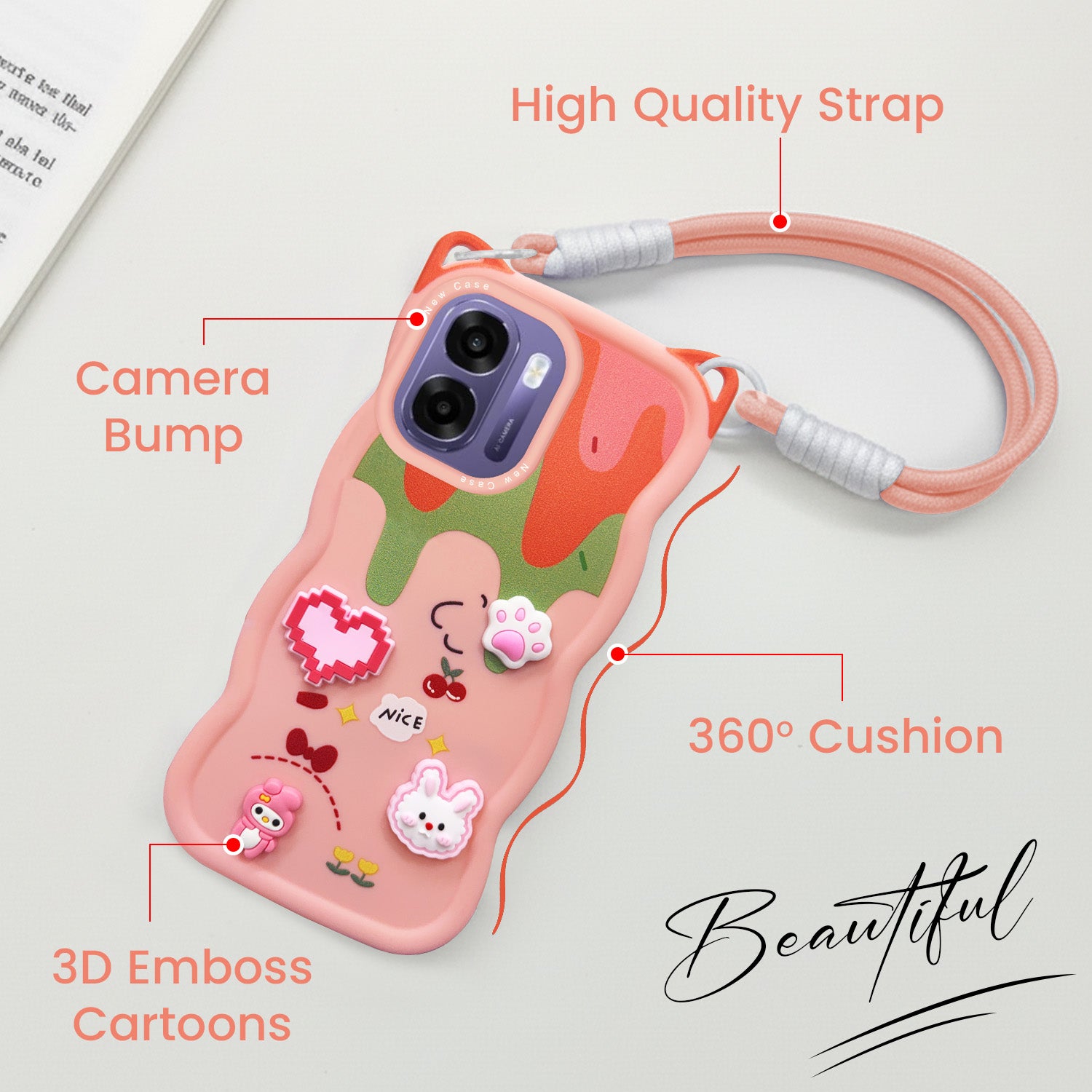For Oppo K14x 5G Back Case Cover Strap (3D Embossed Figures | Strap Holder | 360* Soft Cushion with Camera Bump)