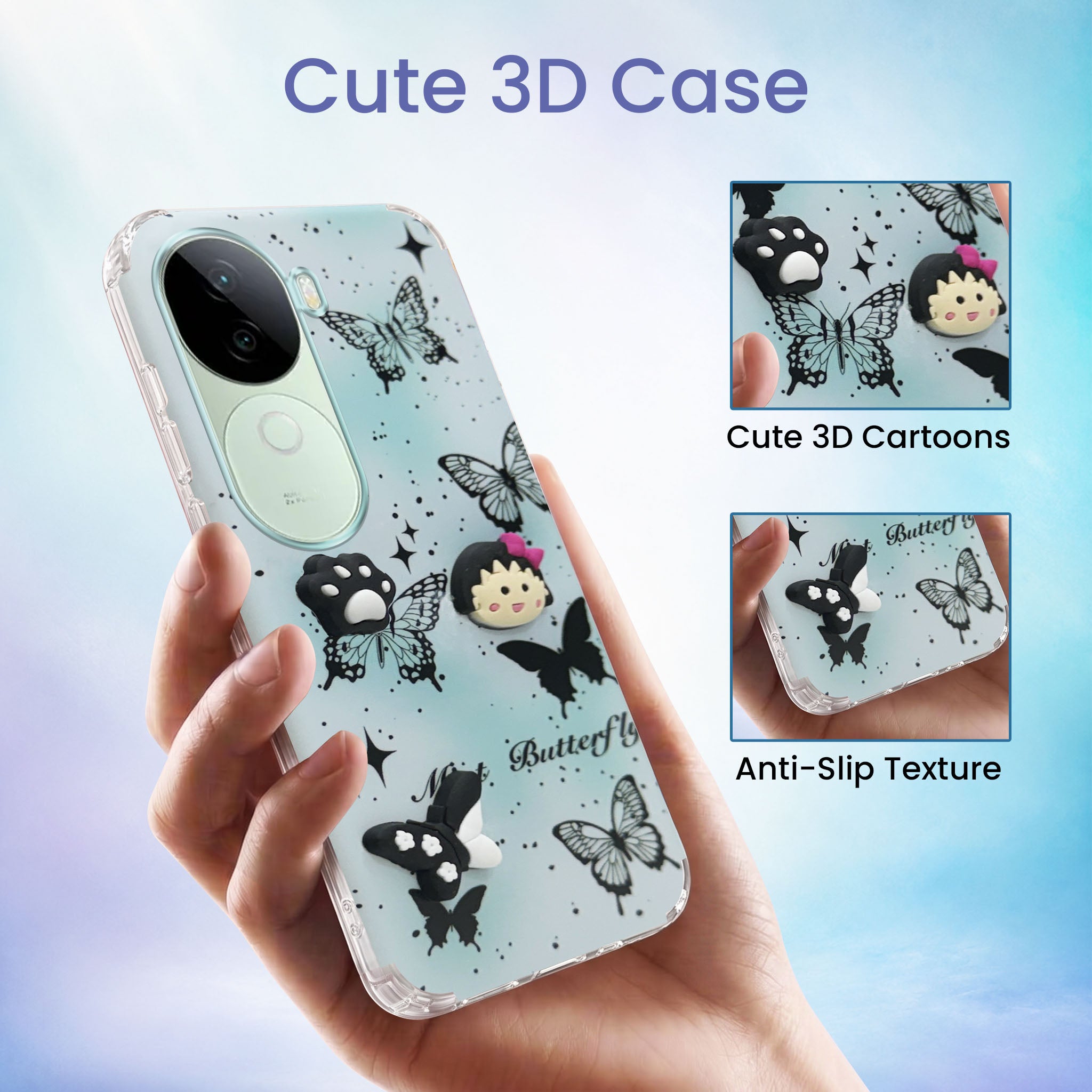 For Vivo V40e Back Cover Case (3D Cute Cartoons | Hard Back Side Soft | Matte Premium Finish | HD Printing)