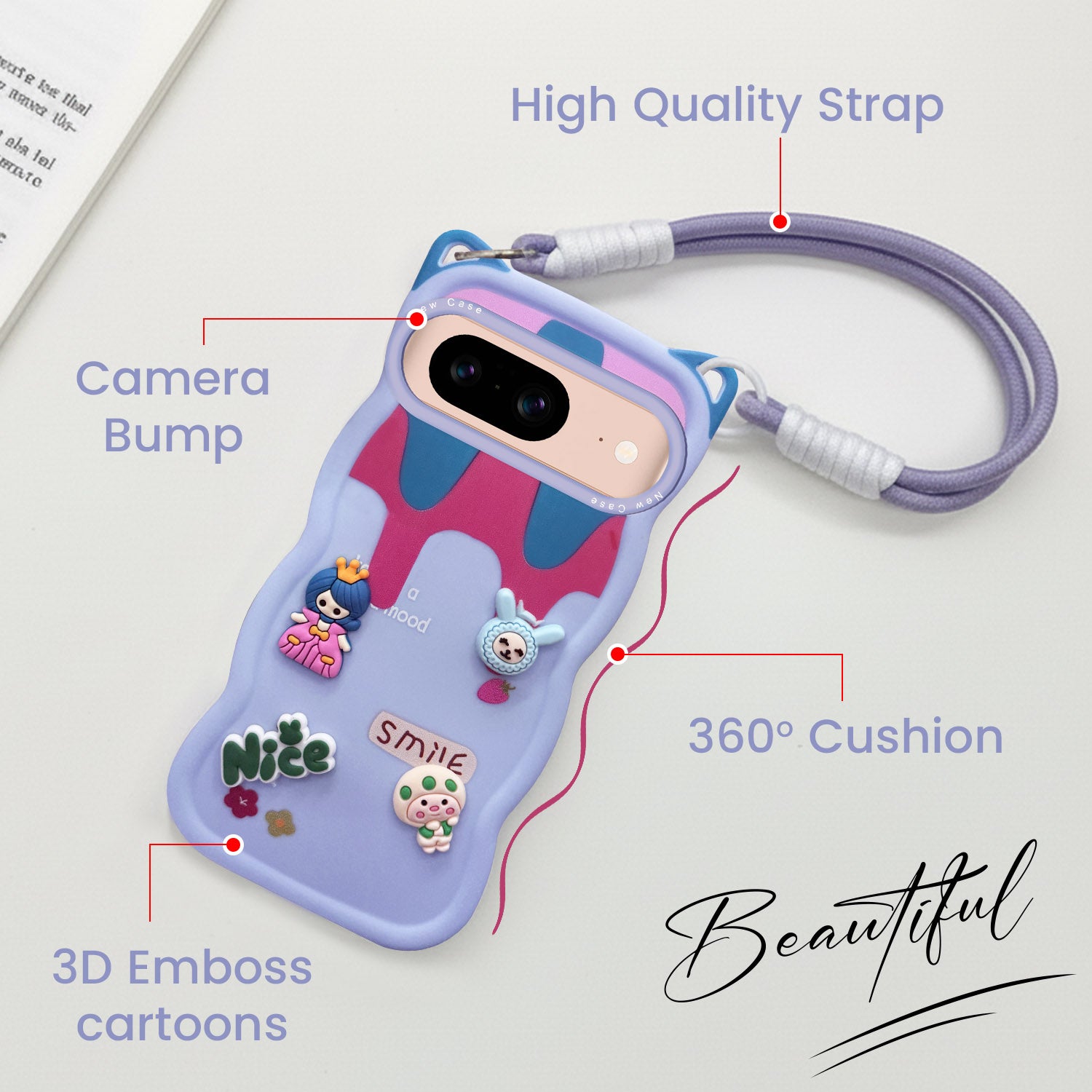 For Google Pixel 8 Back Case Cover Strap (3D Embossed Figures | Strap Holder | 360* Soft Cushion with Camera Bump)