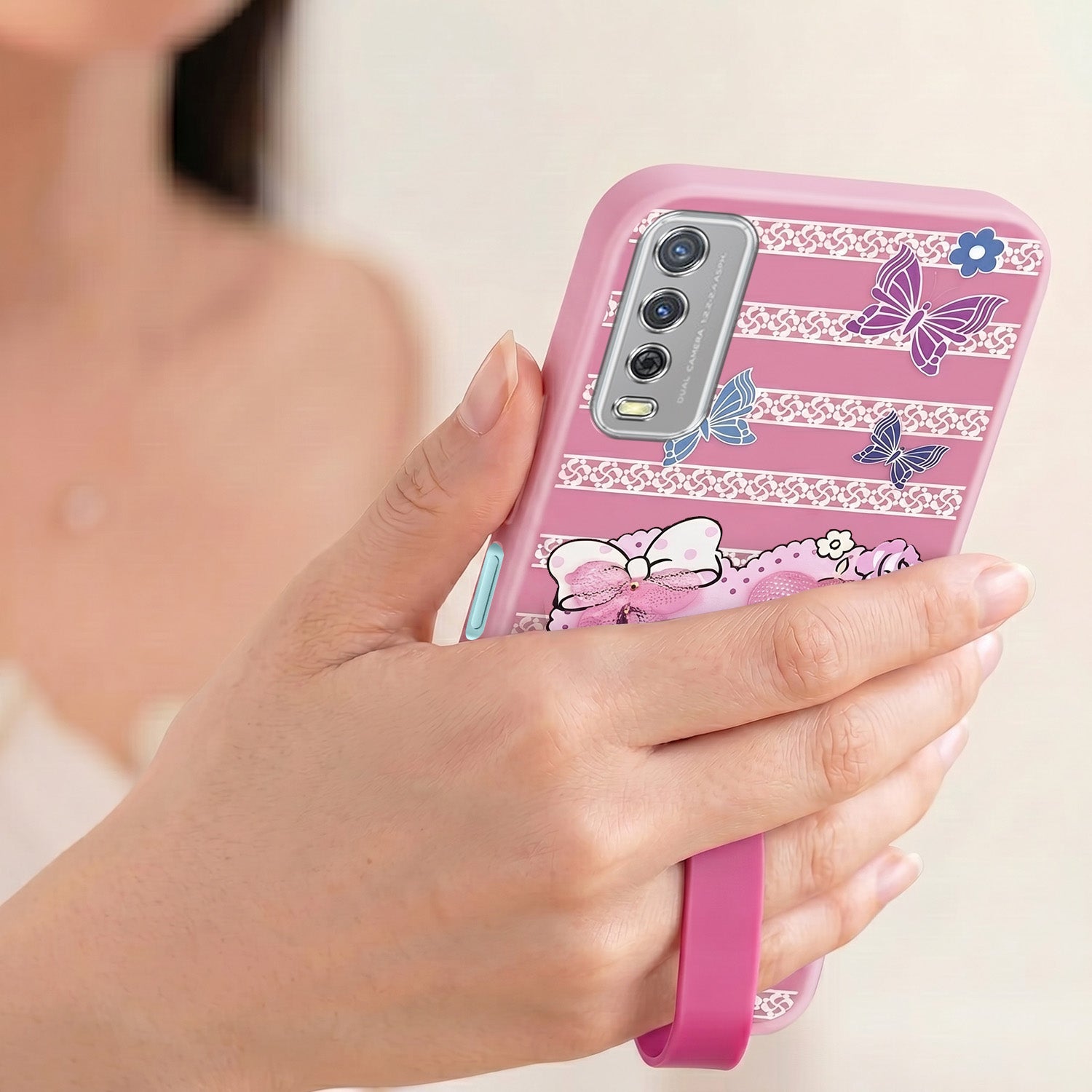 For Vivo Y12s | Y11s | Y12G Back Cover Case (3D Cute Heart Strap Holder | Camera Protection | Designer Girls Print)