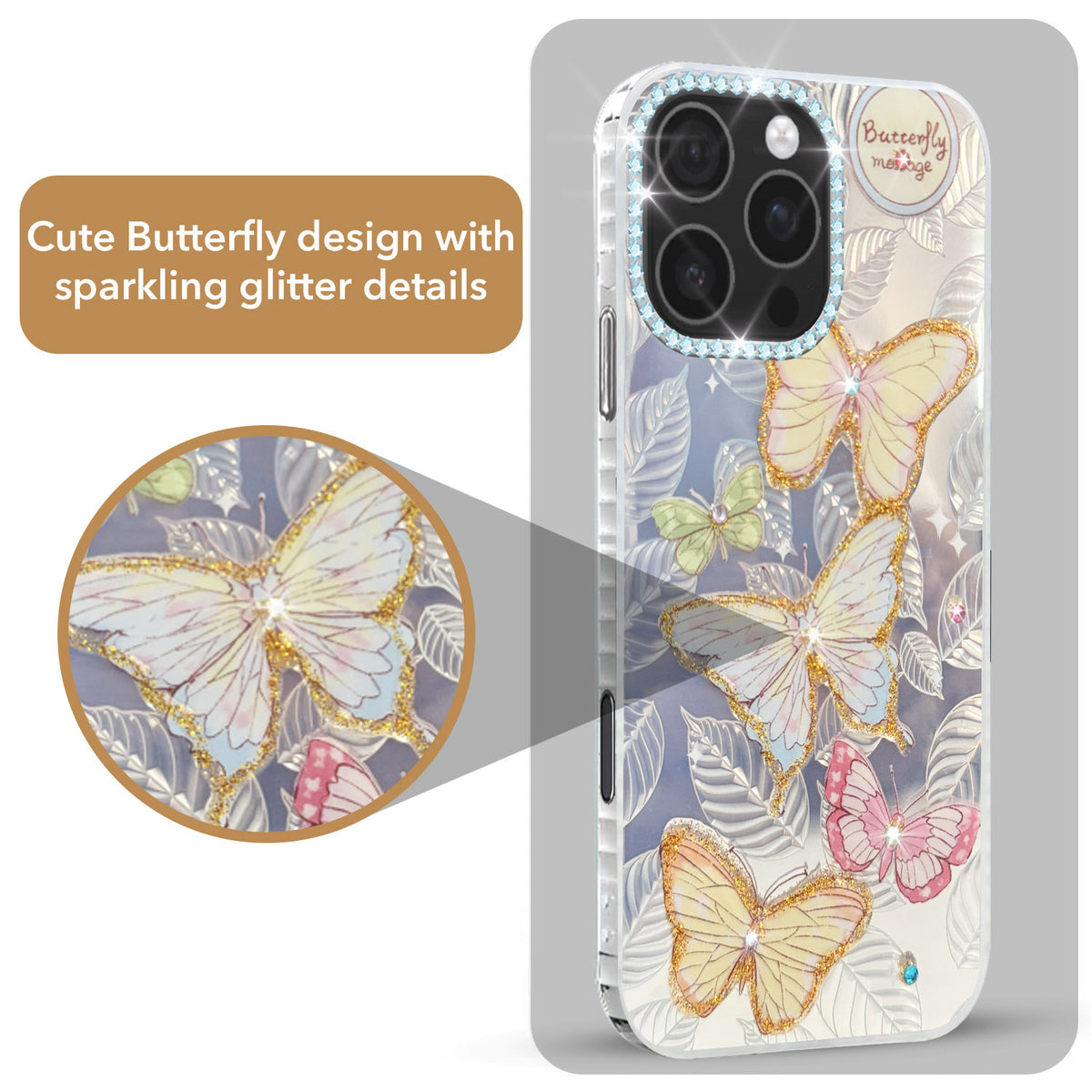For iPhone 16 Pro Max Back Cover Case (Luxury Floral Glitter Cute Butterfly | Diamond Studded Camera Bump | Girls & Women Design)