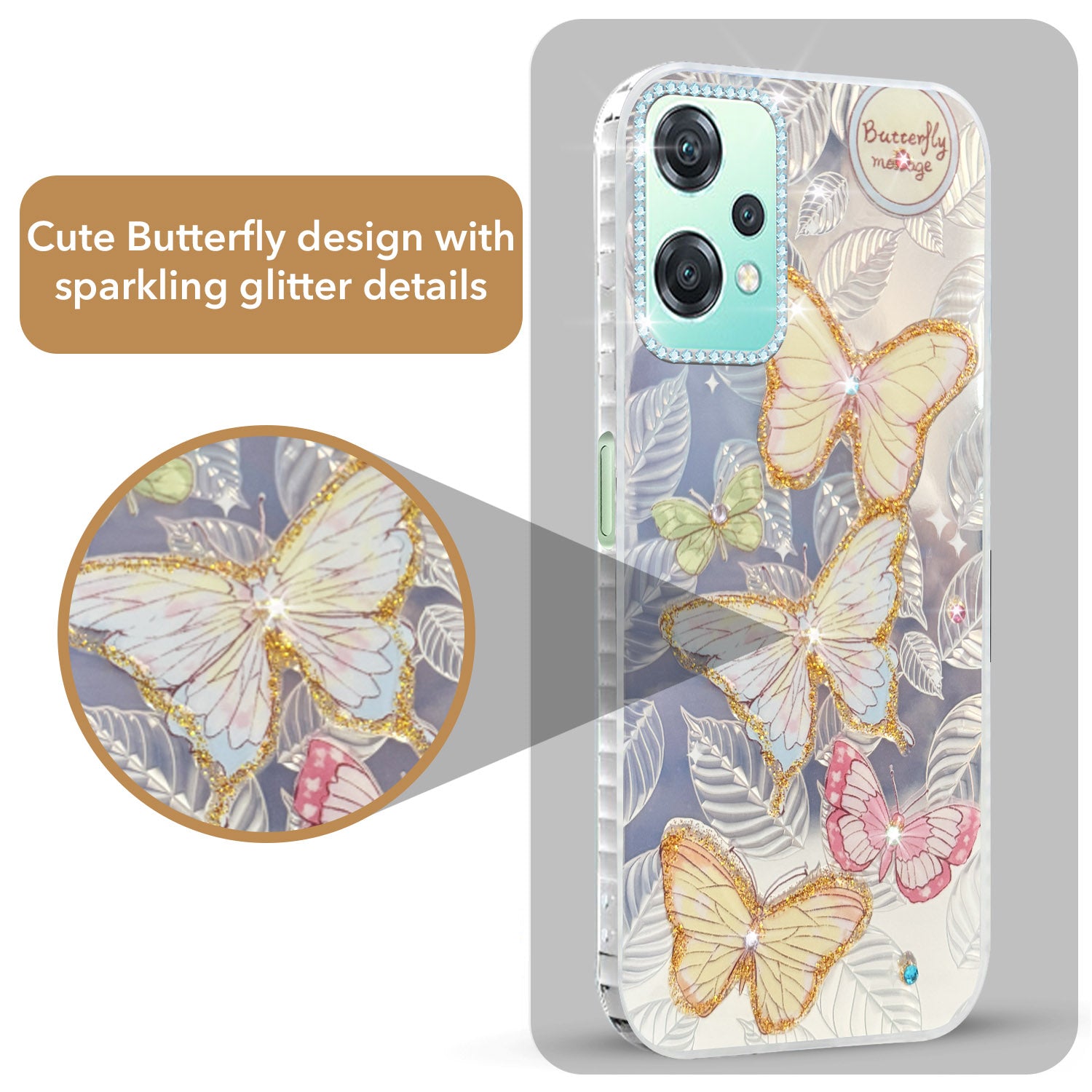 For OnePlus Nord CE 2 Lite Back Cover Case (Luxury Floral Glitter Cute Butterfly | Diamond Studded Camera Bump | Girls & Women Design)