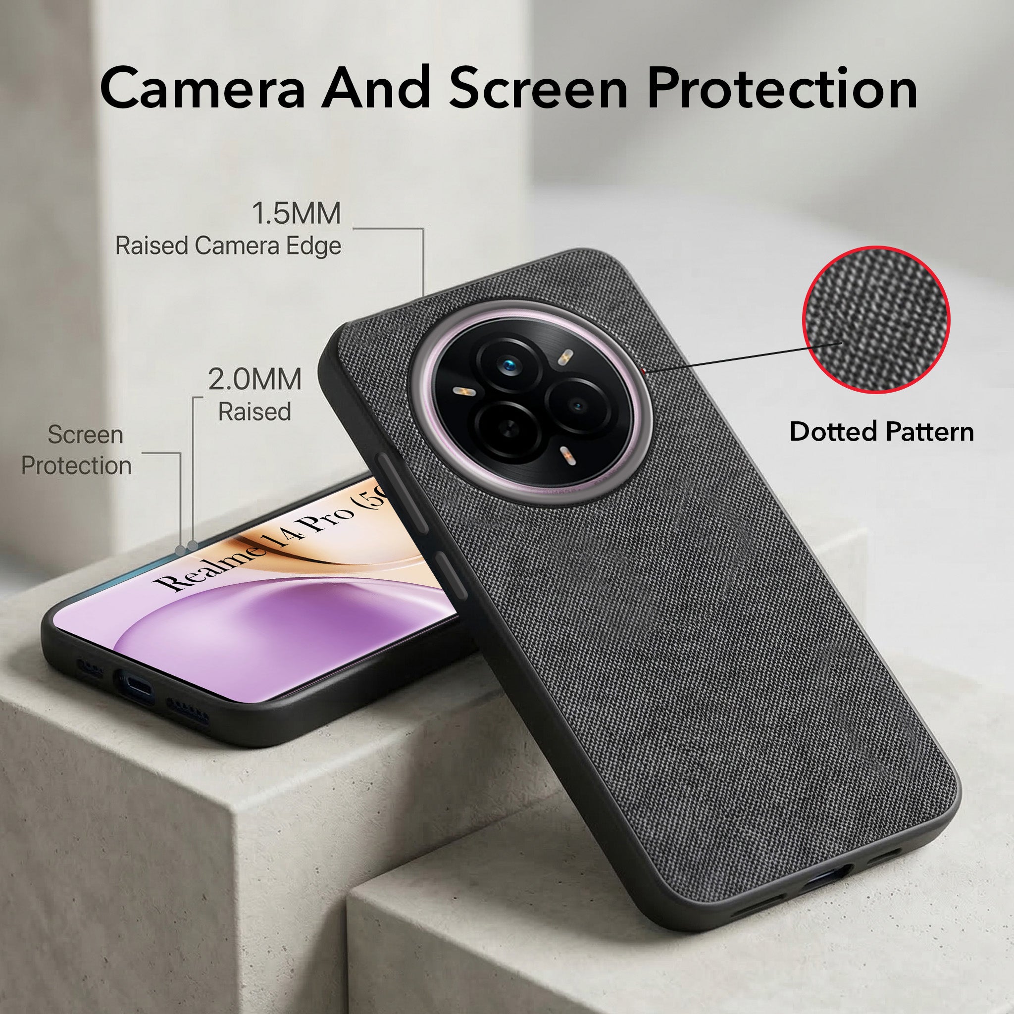 For Realme 14 Pro Combo with Back Cover and 9H Tempered Glass (Textured Grip Design | Micro-Fiber Cloth Inside | Oleophobic Coating Screen Glass)