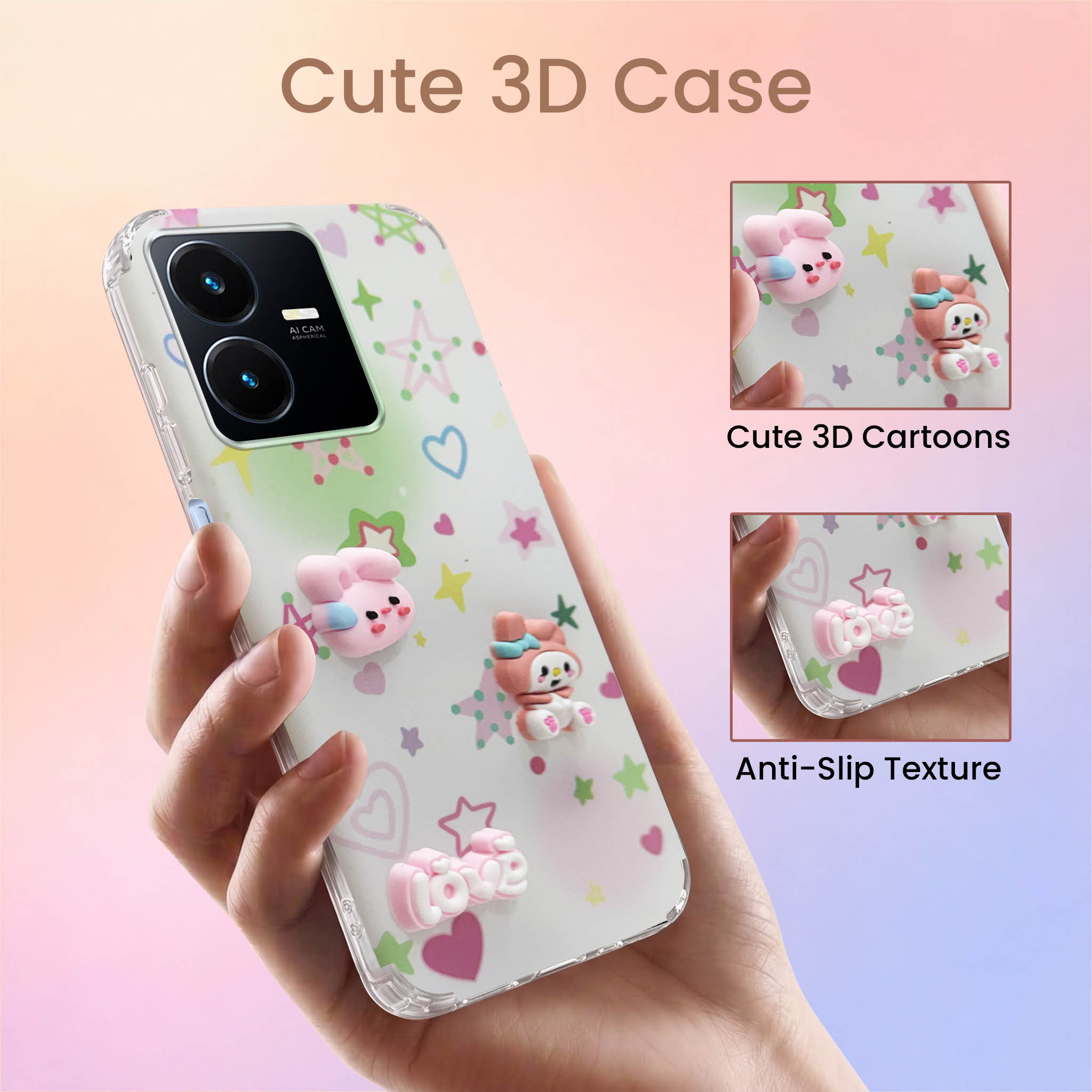 For Vivo Y22 | Vivo Y22s Back Cover Case (3D Cute Cartoons | Hard Back Side Soft | Matte Premium Finish | HD Printing)