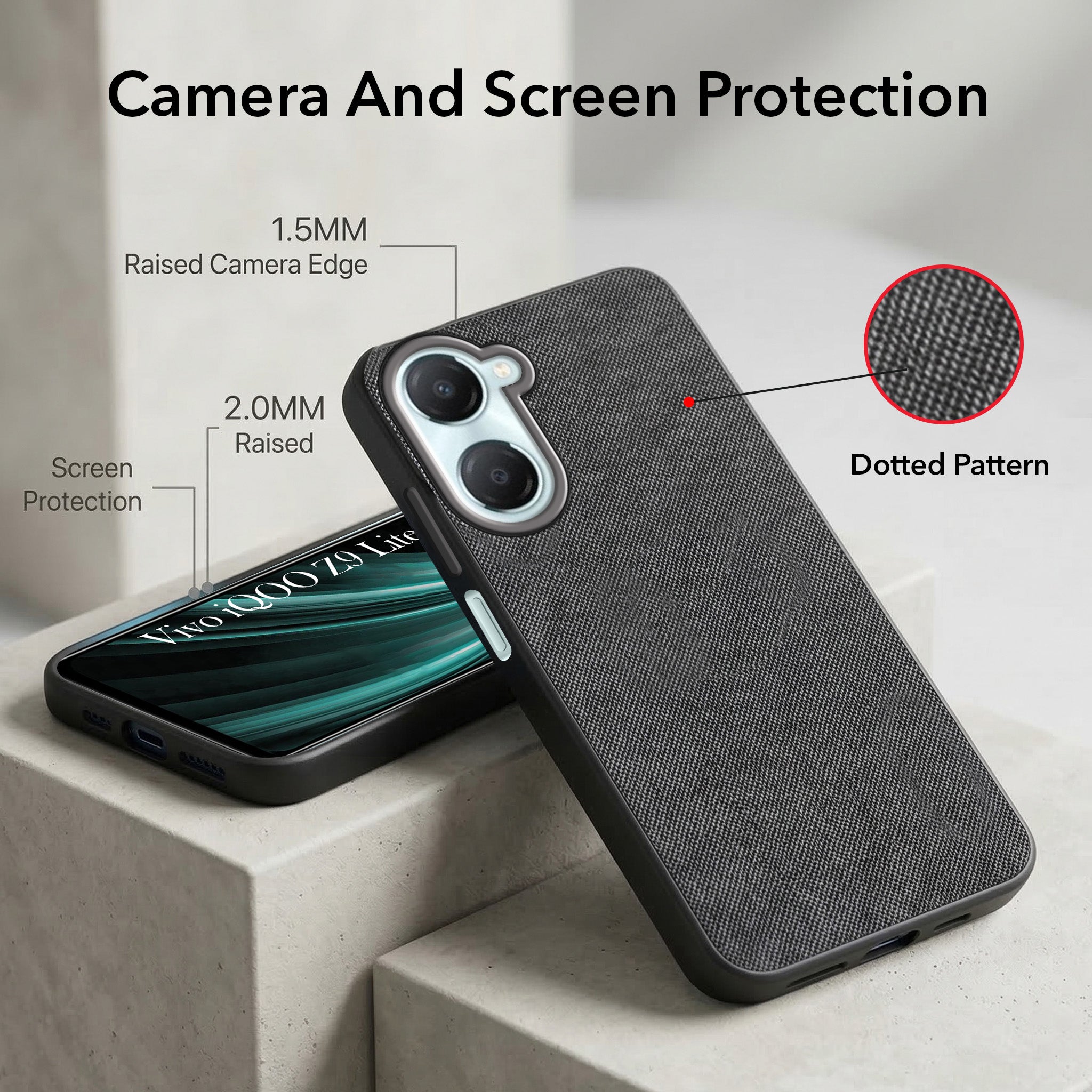 For Vivo iQOO Z9 Lite Combo (Textured Grip Design | Micro-Fiber Cloth Inside | Oleophobic Coating Screen Glass)
