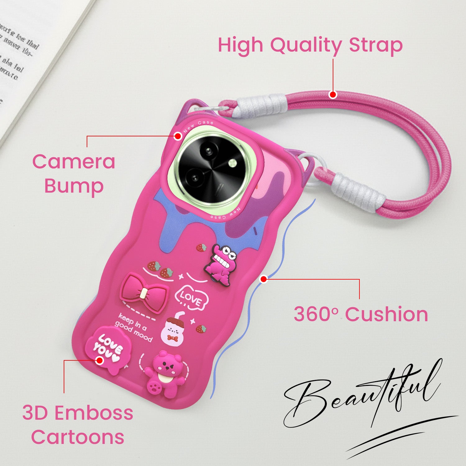 For Vivo T3X 5G Back Case Cover Strap (3D Embossed Figures | Strap Holder | 360* Soft Cushion with Camera Bump)