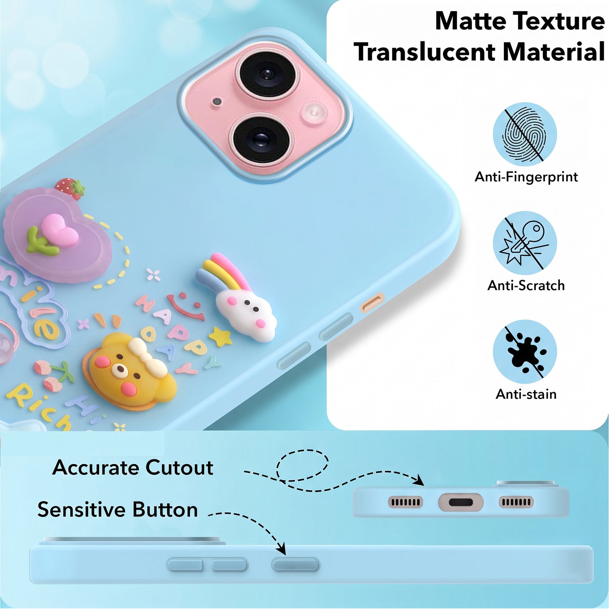 For Apple iPhone 15 Back Cover Case (3D Cute Cartoons | Hard Back Side Soft | Matte Premium Finish | HD Printing)