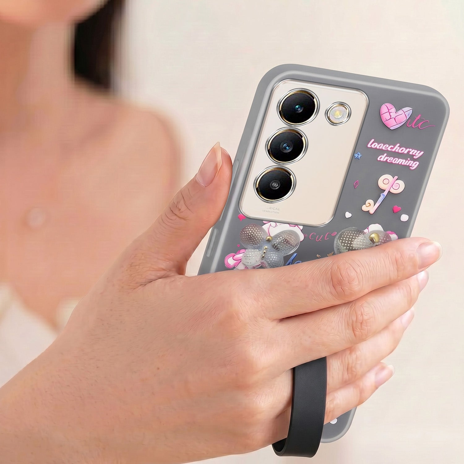 For Vivo Y200e Back Cover Case (3D Cute Heart Strap Holder | Camera Protection | Designer Girls Print)