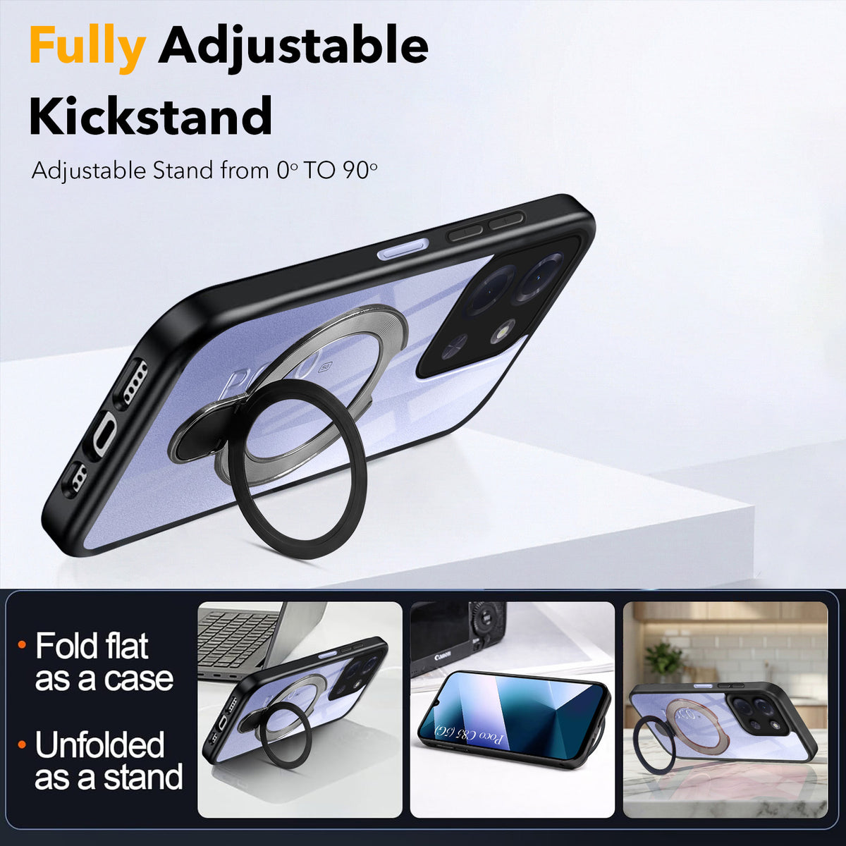 For Poco C85 5G Back Cover Case (Kick Stand Ring Holder | Life time Anti Yellow | Camera Protection)