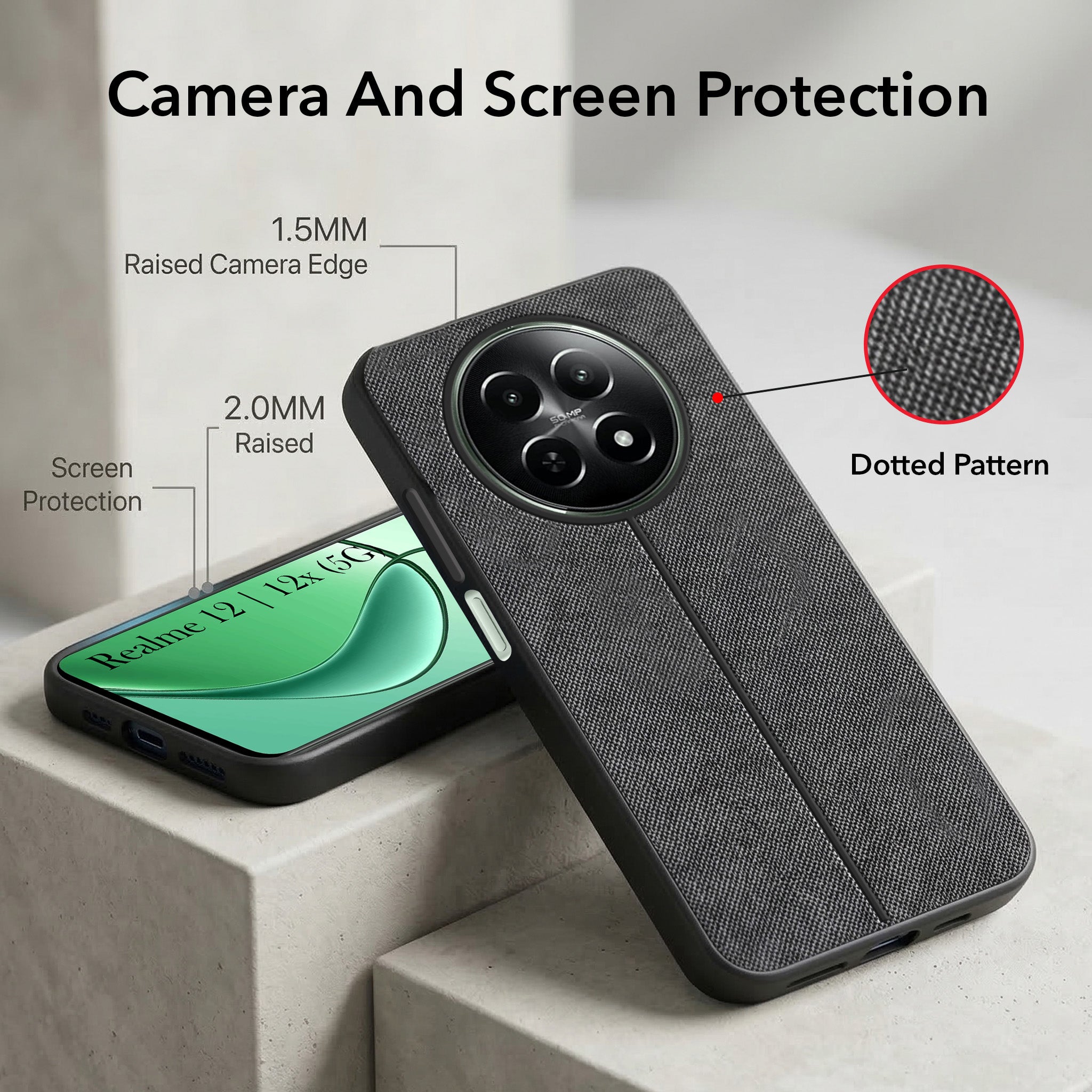 For Realme 12 | Realme 12X Combo (Textured Grip Design | Micro-Fiber Cloth Inside | Oleophobic Coating Screen Glass)