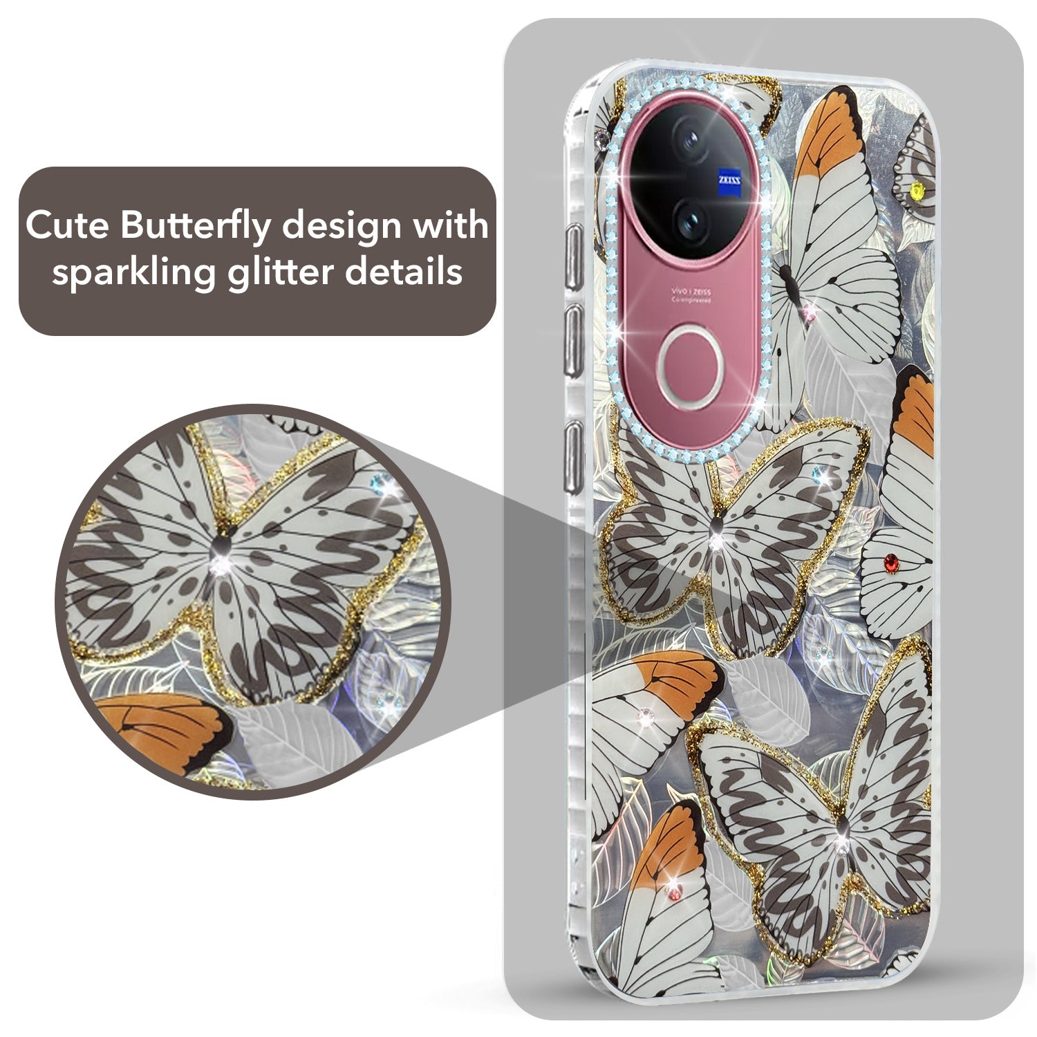 For Vivo V50 | Vivo V50e Back Cover Case (Luxury Floral Glitter Cute Butterfly | Diamond Studded Camera Bump | Girls & Women Design)