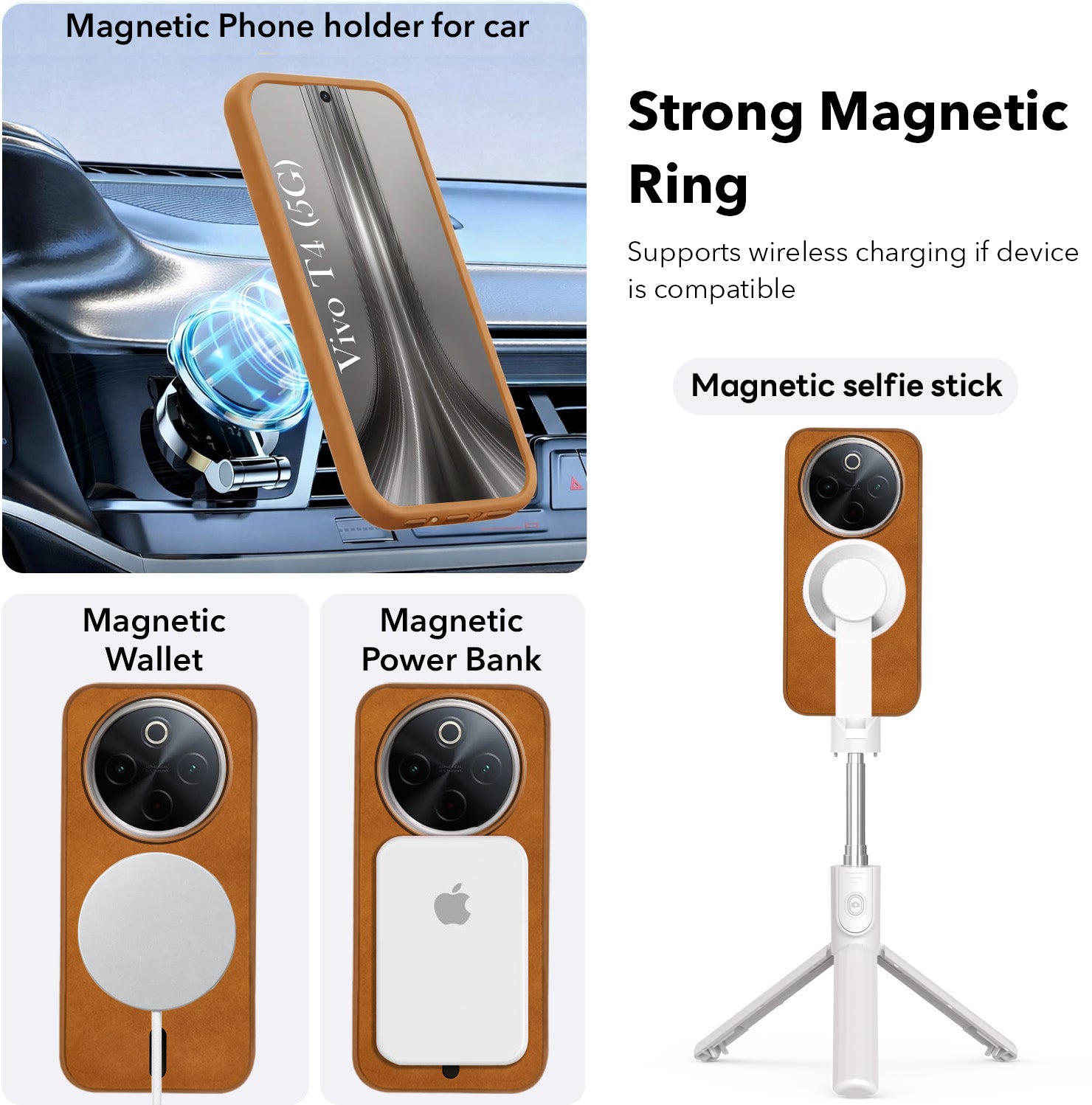For Vivo T4 Back Cover Case Leather Finish (MagSafe Compatible Wireless Charging | Soft Touch | Camera Bump Protection)