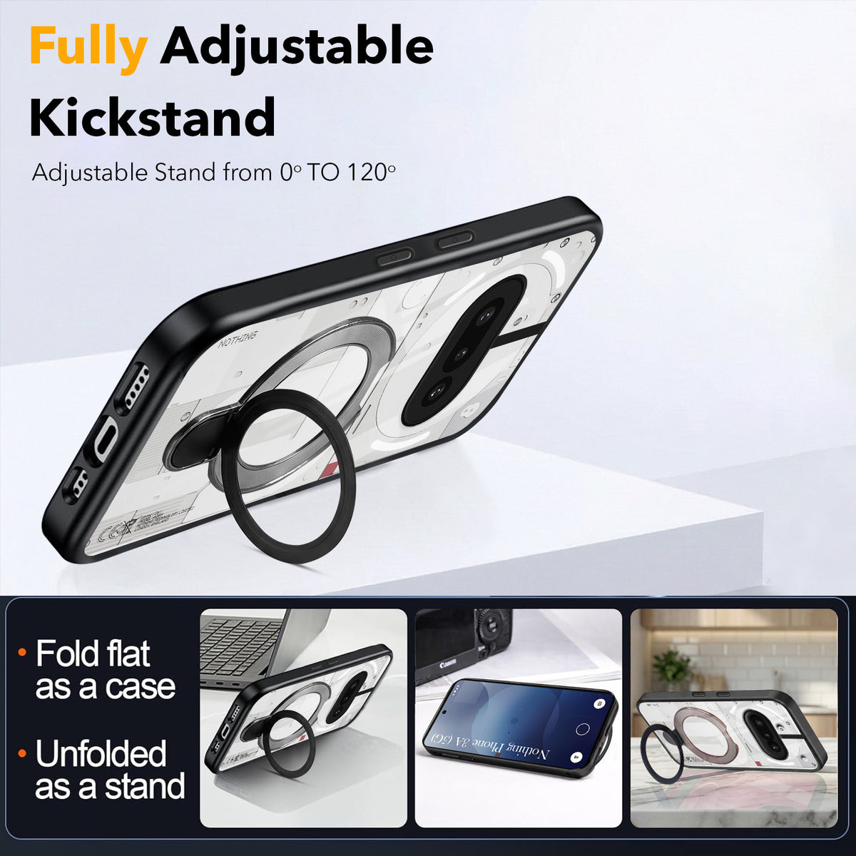 For Nothing Phone 3A Back Cover Case (Kick Stand Ring Holder | Life time Anti Yellow | Camera Protection)