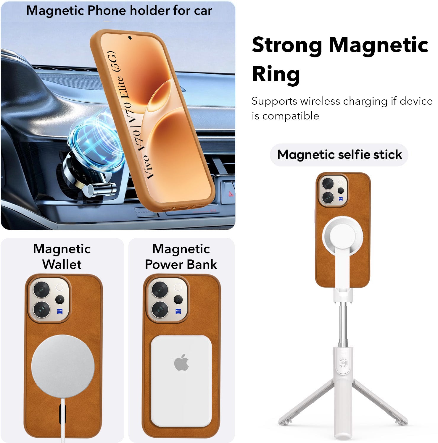 For Vivo V70 | Vivo V70 Elite 5G Back Cover Case Leather Finish (MagSafe Compatible Wireless Charging | Soft Touch | Camera Bump Protection)