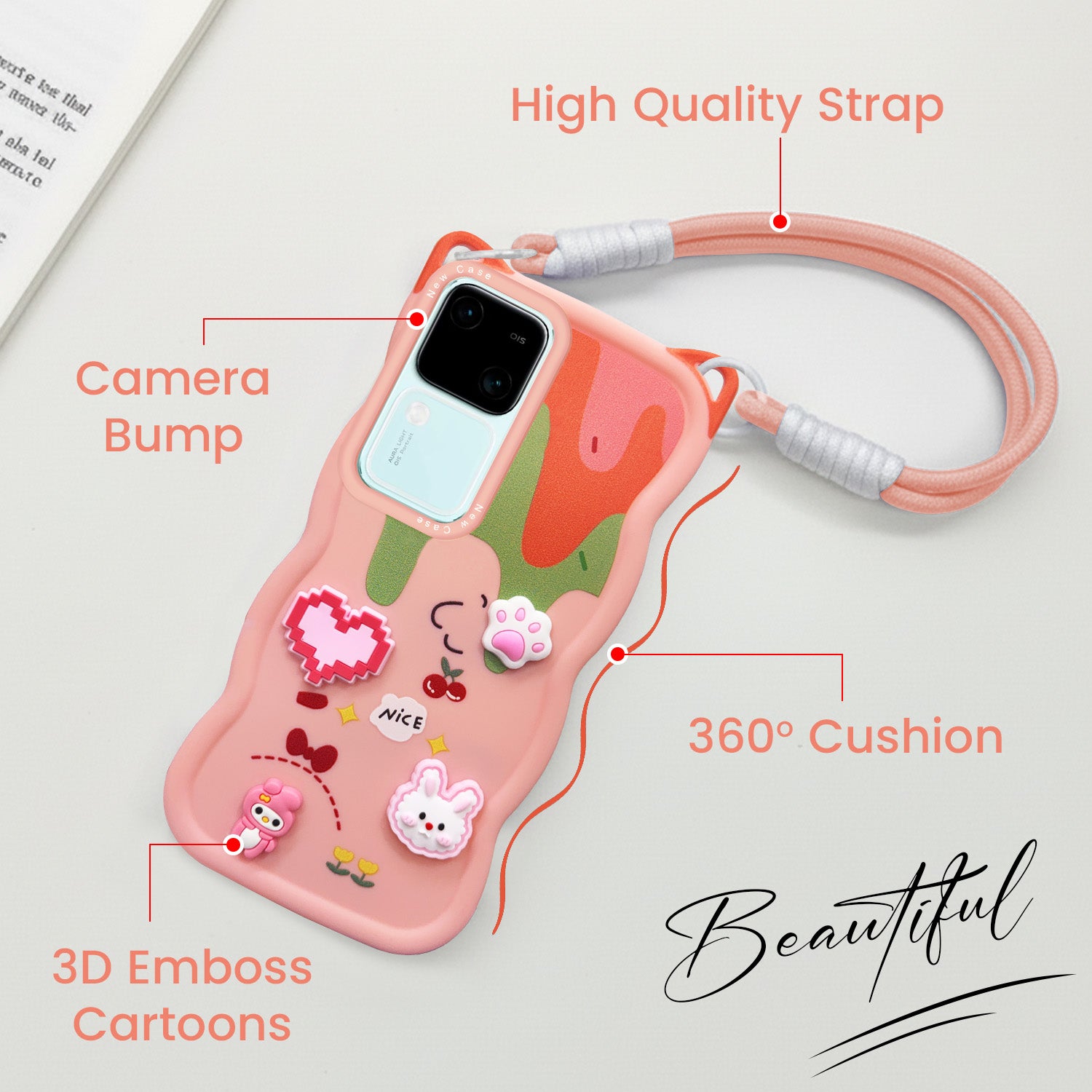 For Vivo V30 | Vivo V30 Pro 5G Back Case Cover Strap(3D embossed Figures | Strap Holder | 360* Soft Cushion with Camera Bump)