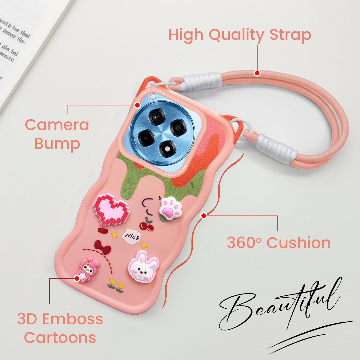 For OnePlus 12R 5G Back Case Cover Strap (3D embossed Figures | Strap Holder | 360* Soft Cushion with Camera Bump)