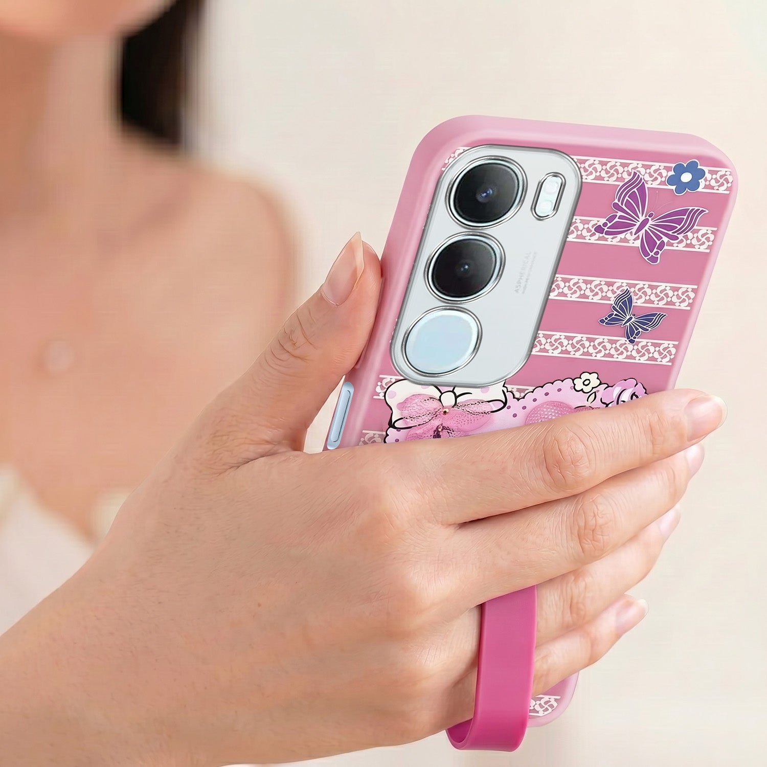 For Vivo Y29 Back Cover Case (3D Cute Heart Strap Holder | Camera Protection | Designer Girls Print)