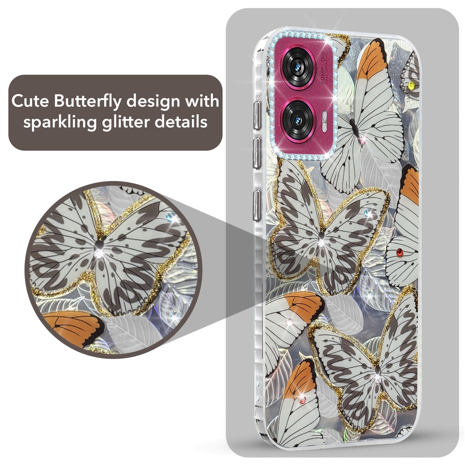 For Motorola Moto Edge 50 Fusion Back Cover Case (Luxury Floral Glitter Cute Butterfly | Diamond Studded Camera Bump | Girls & Women Design)