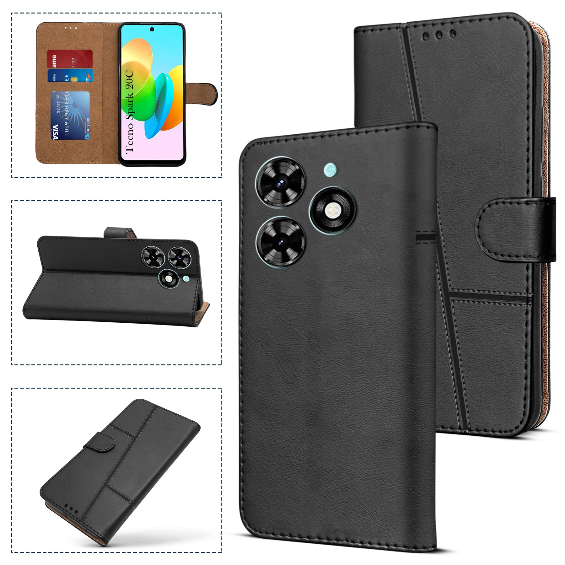 For Tecno Spark 20C Flip Cover Case (Stitched Leather with Magnetic Closure)