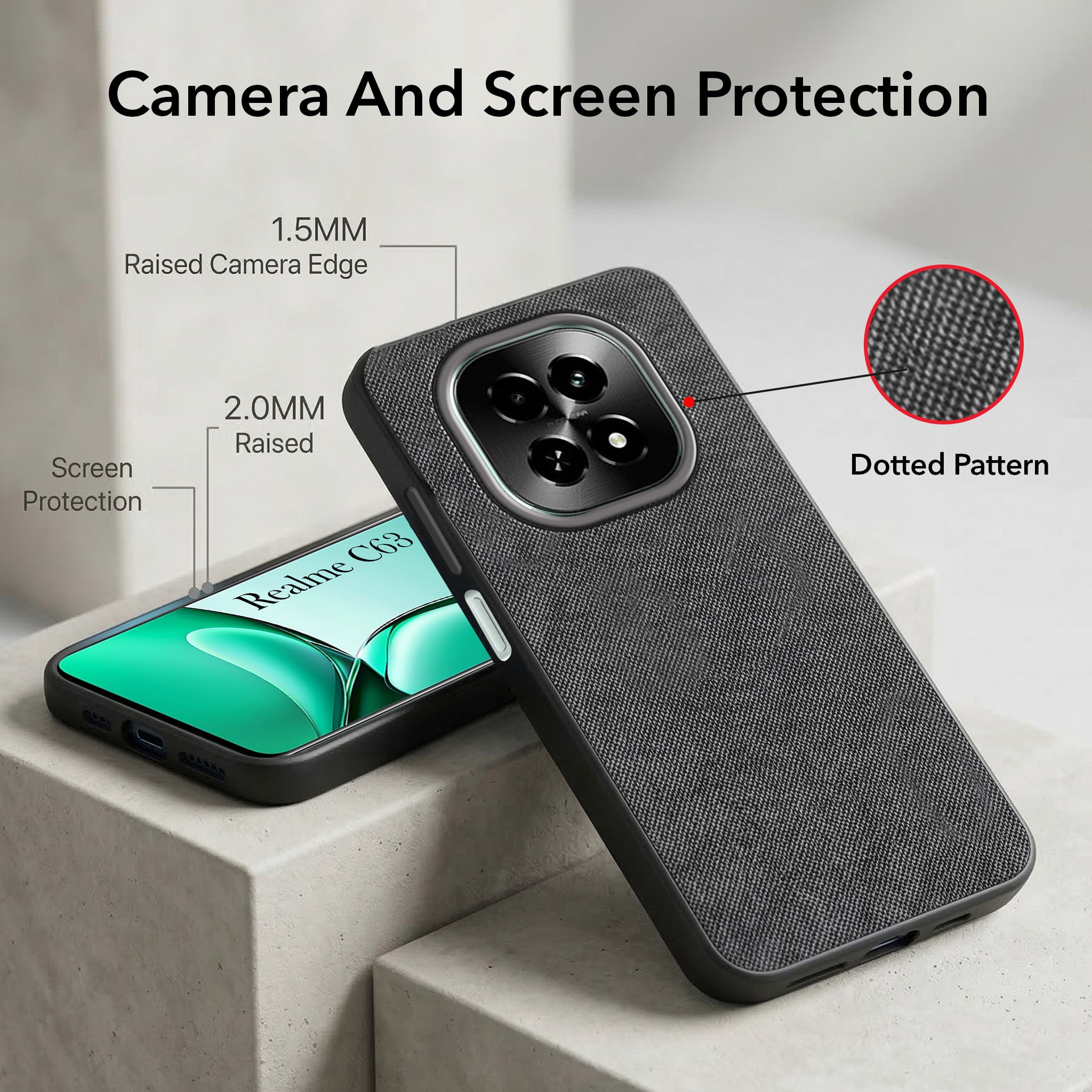 For Realme C63 5G Combo (Textured Grip Design | Micro-Fiber Cloth Inside | Oleophobic Coating Screen Glass)